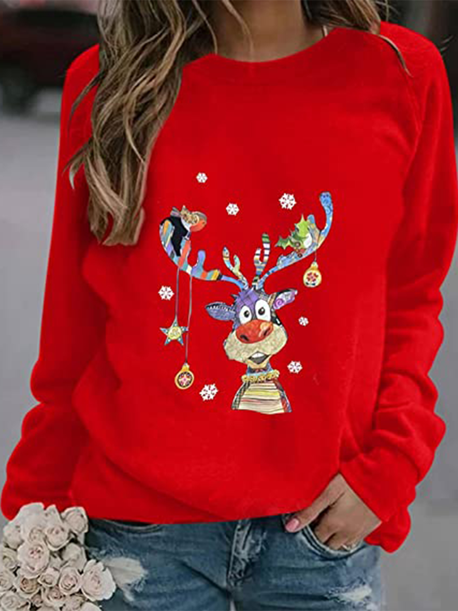 womens sweatshirt casual christmas crew neck printed long sleeve fashion fall loose pullover details 11