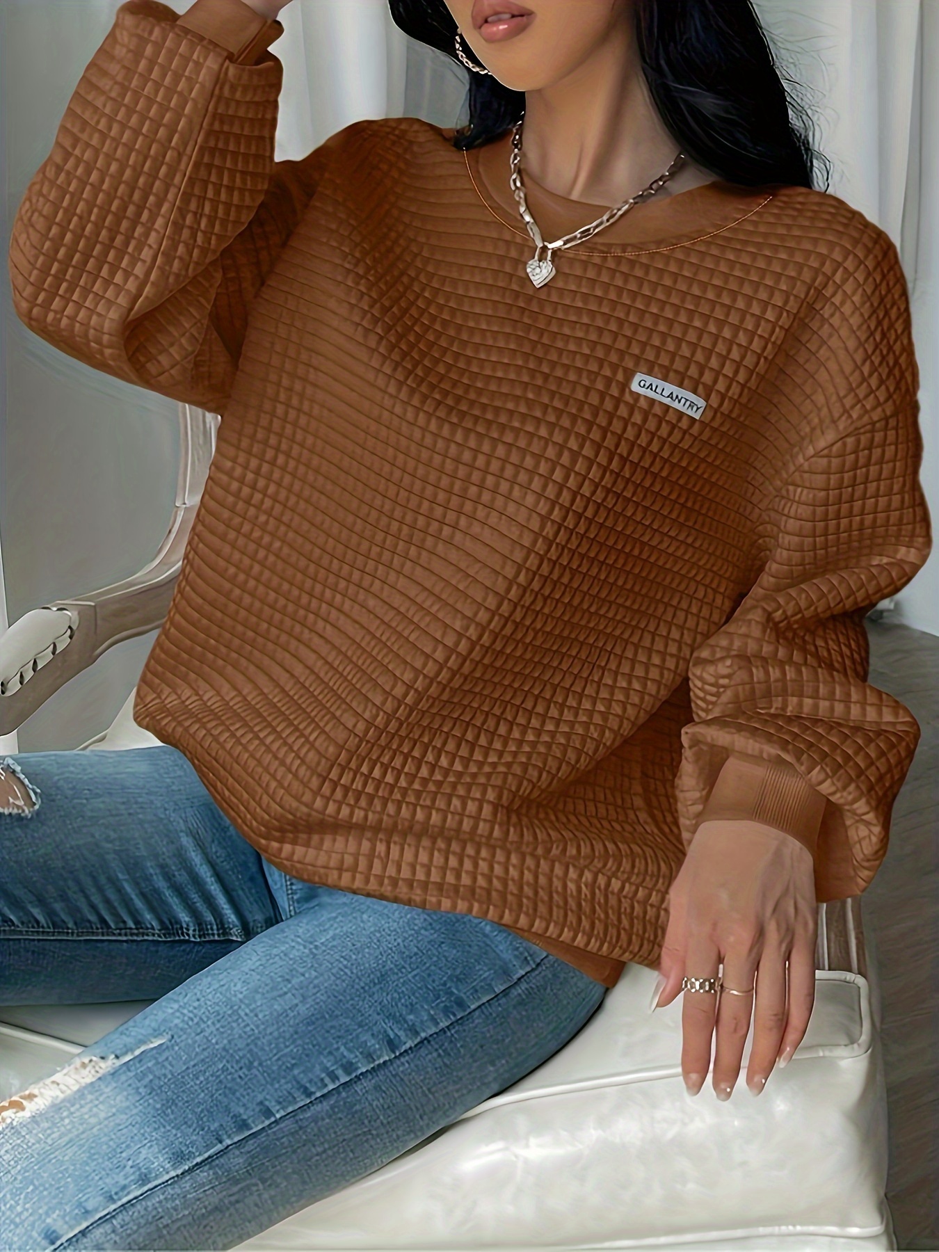 waffle loose sweatshirt casual long sleeve crew neck sweatshirt womens clothing details 23