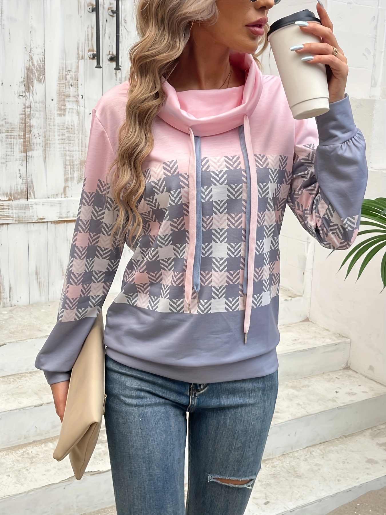 plaid print drawstring sweatshirt casual cowl neck long sleeve sweatshirt womens clothing details 3