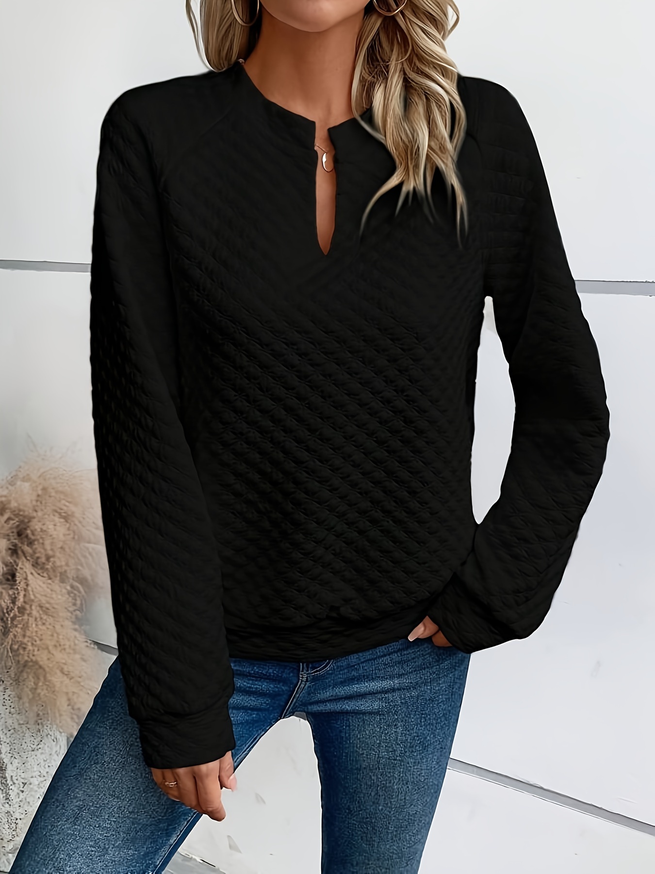 notch neck pullover textured sweatshirt casual raglan sleeve sweatshirt for fall winter womens clothing details 0