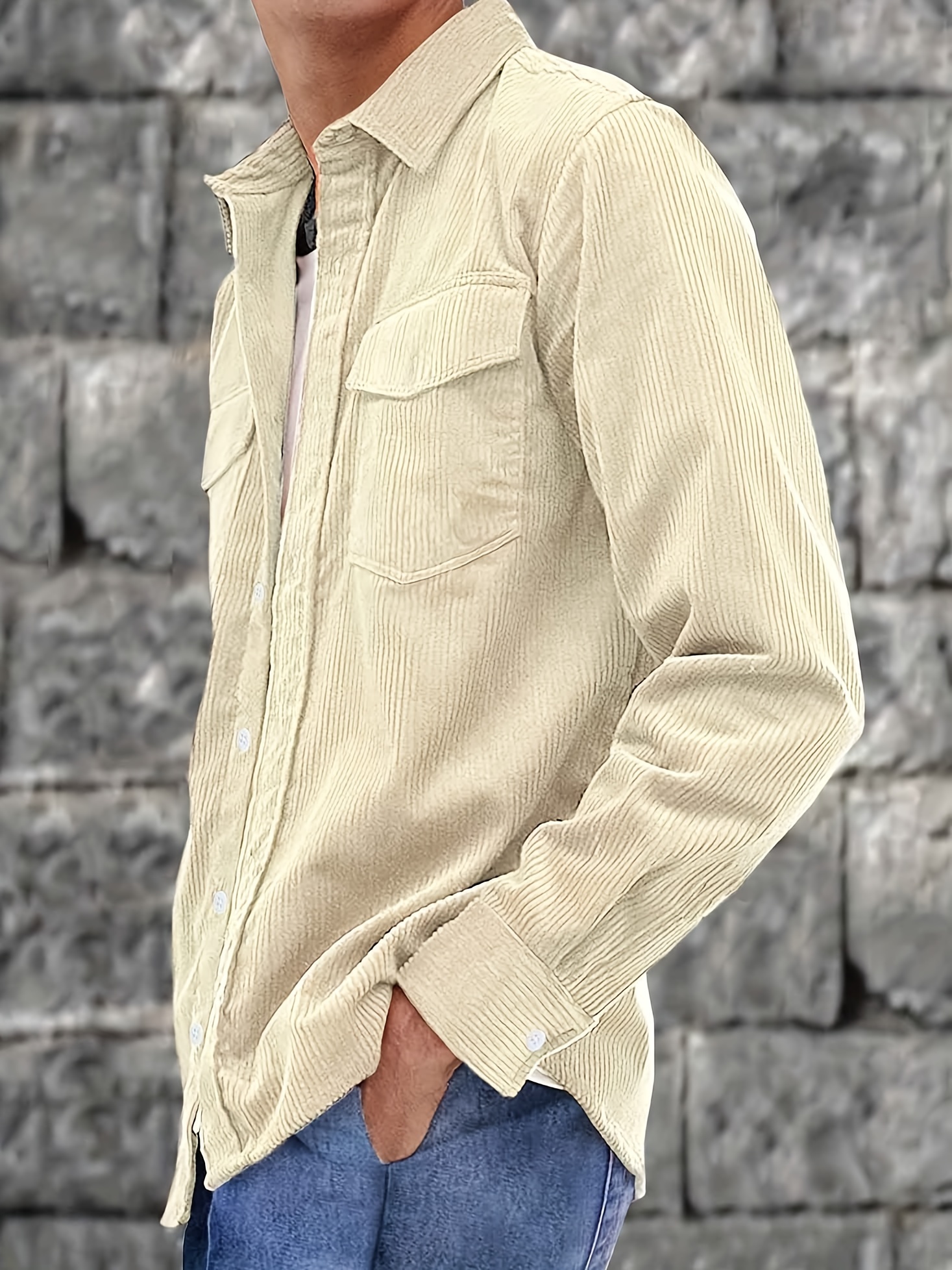 thin material mens casual long sleeve corduroy button long sleeeves shirt jacket with pocket jacket gifts details 34