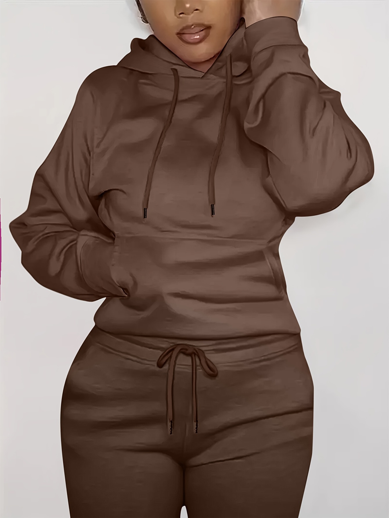 solid kangaroo pocket hoodie without pants casual long sleeve drawstring hoodies sweatshirt womens clothing details 33