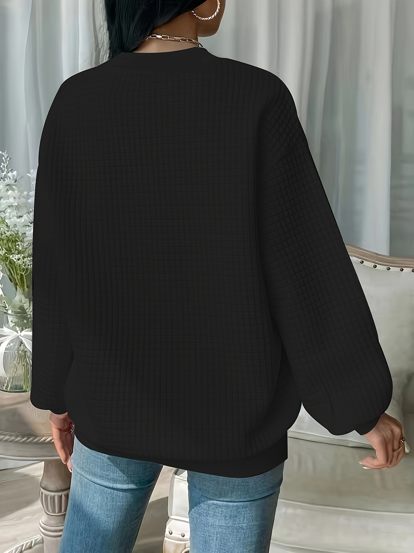 waffle loose sweatshirt casual long sleeve crew neck sweatshirt womens clothing details 31