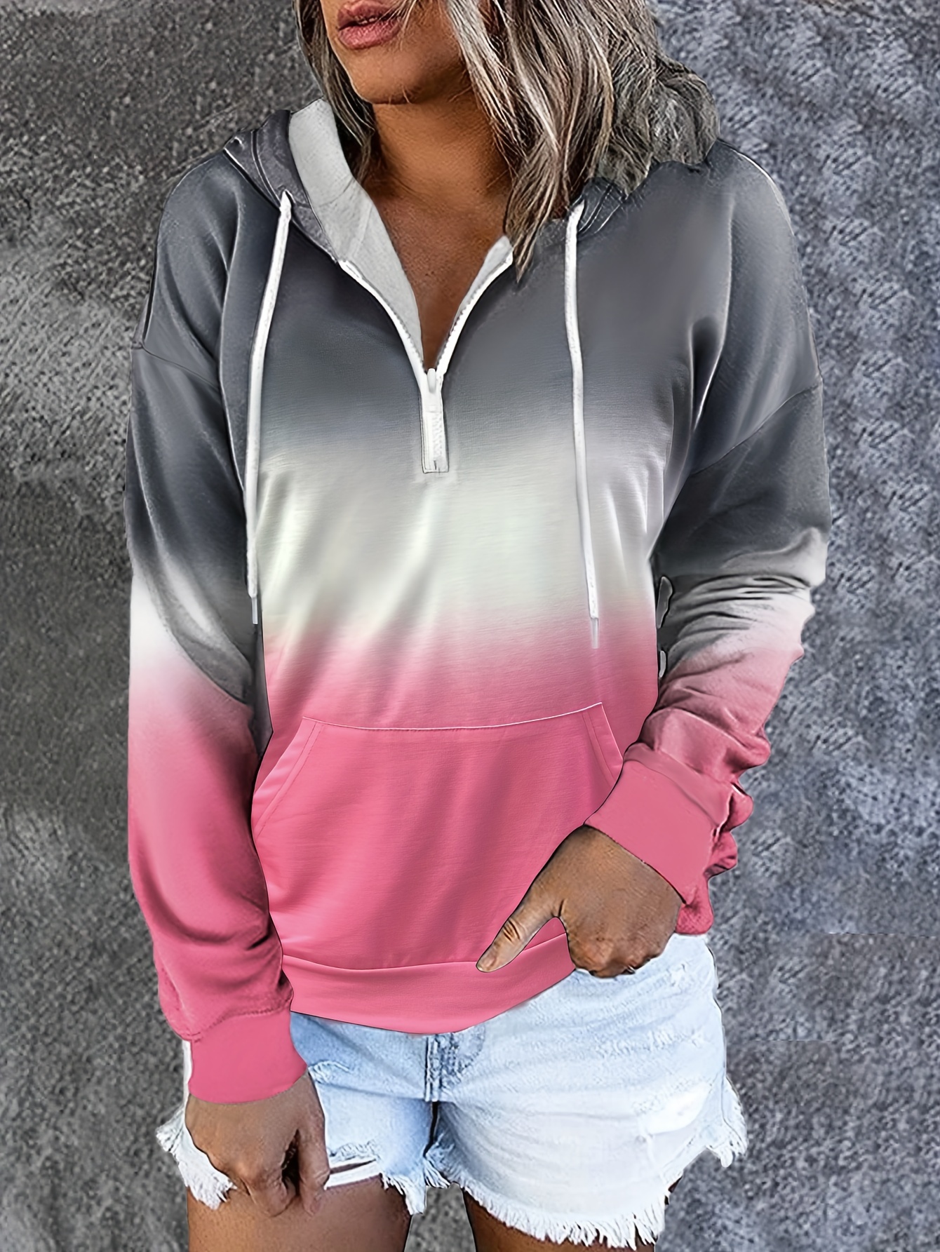 color block drawstring half zip hoodies street wear drop shoulder kangaroo pocket sweatshirt womens clothing details 24