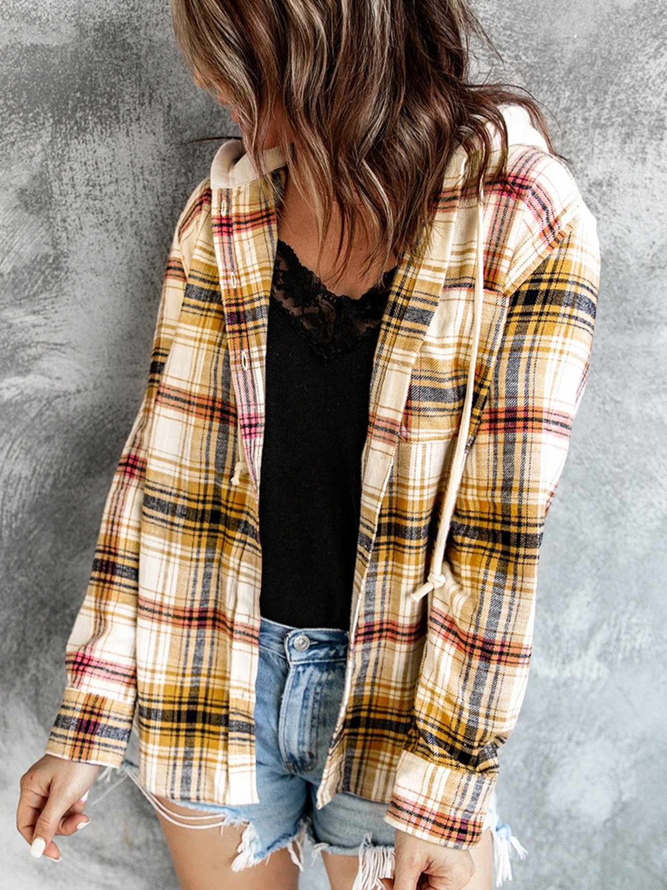 womens outwear plaid print pocket drawstring hooded jacket details 0