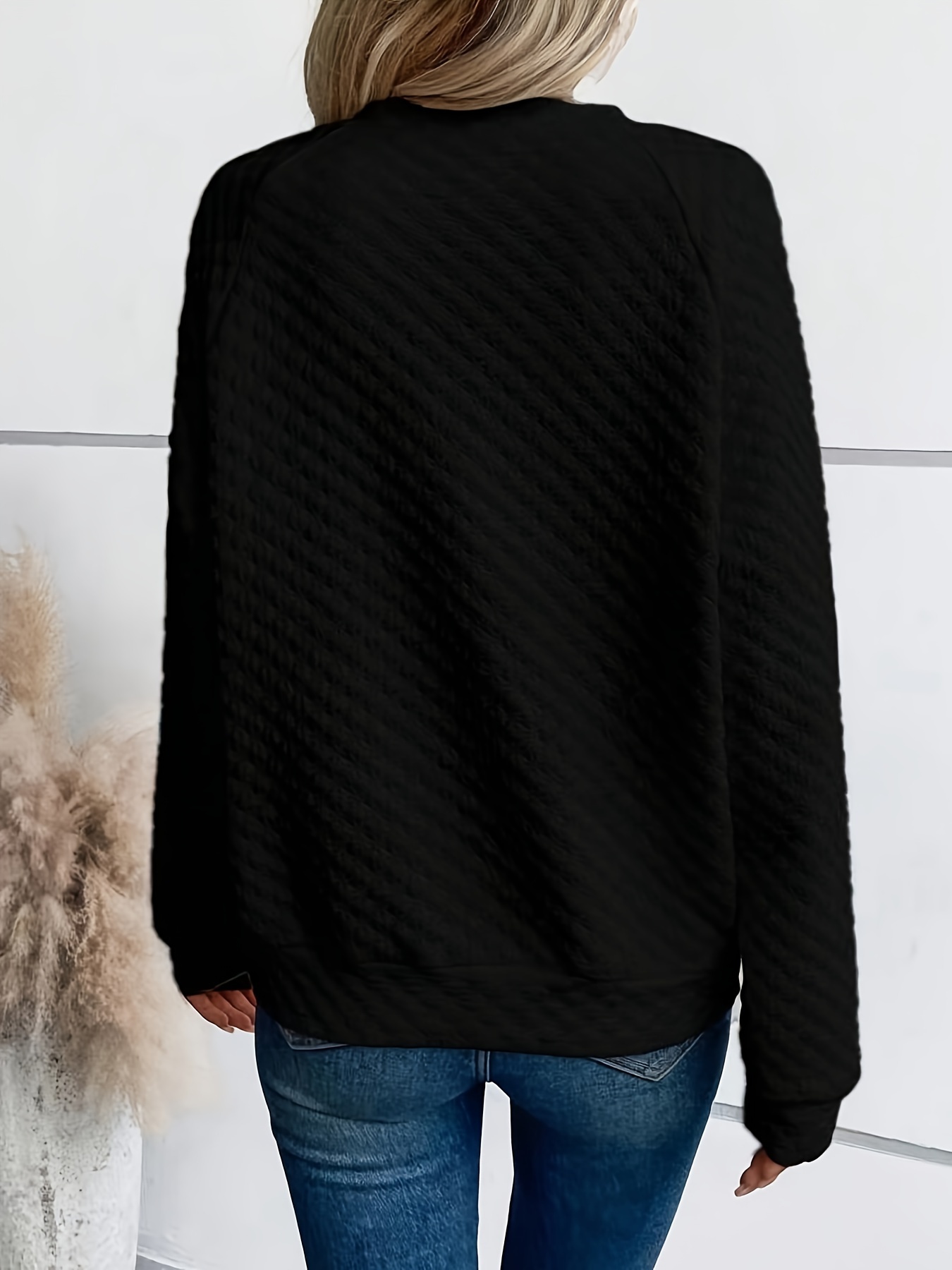 notch neck pullover textured sweatshirt casual raglan sleeve sweatshirt for fall winter womens clothing details 1