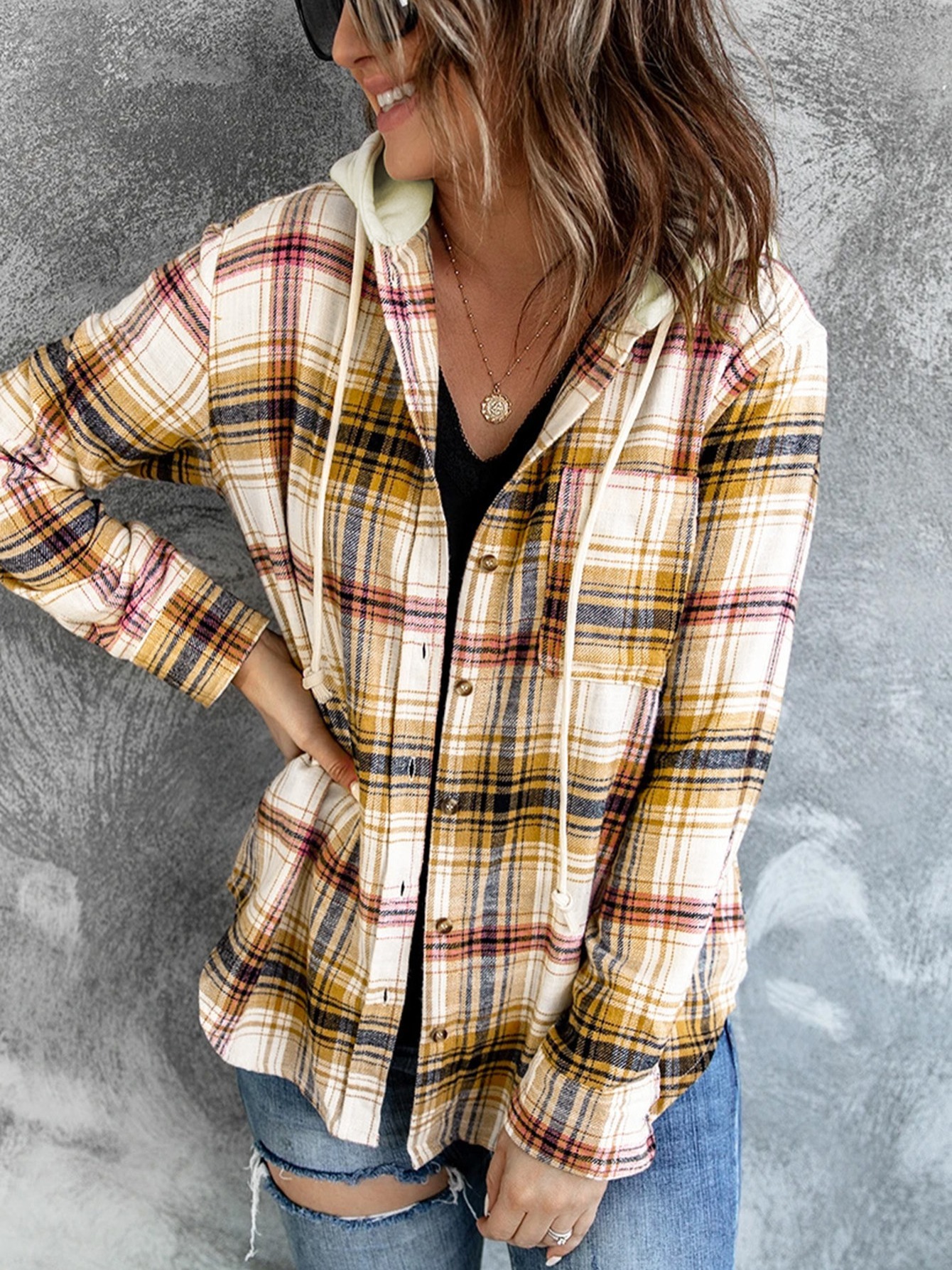 womens outwear plaid print pocket drawstring hooded jacket details 3