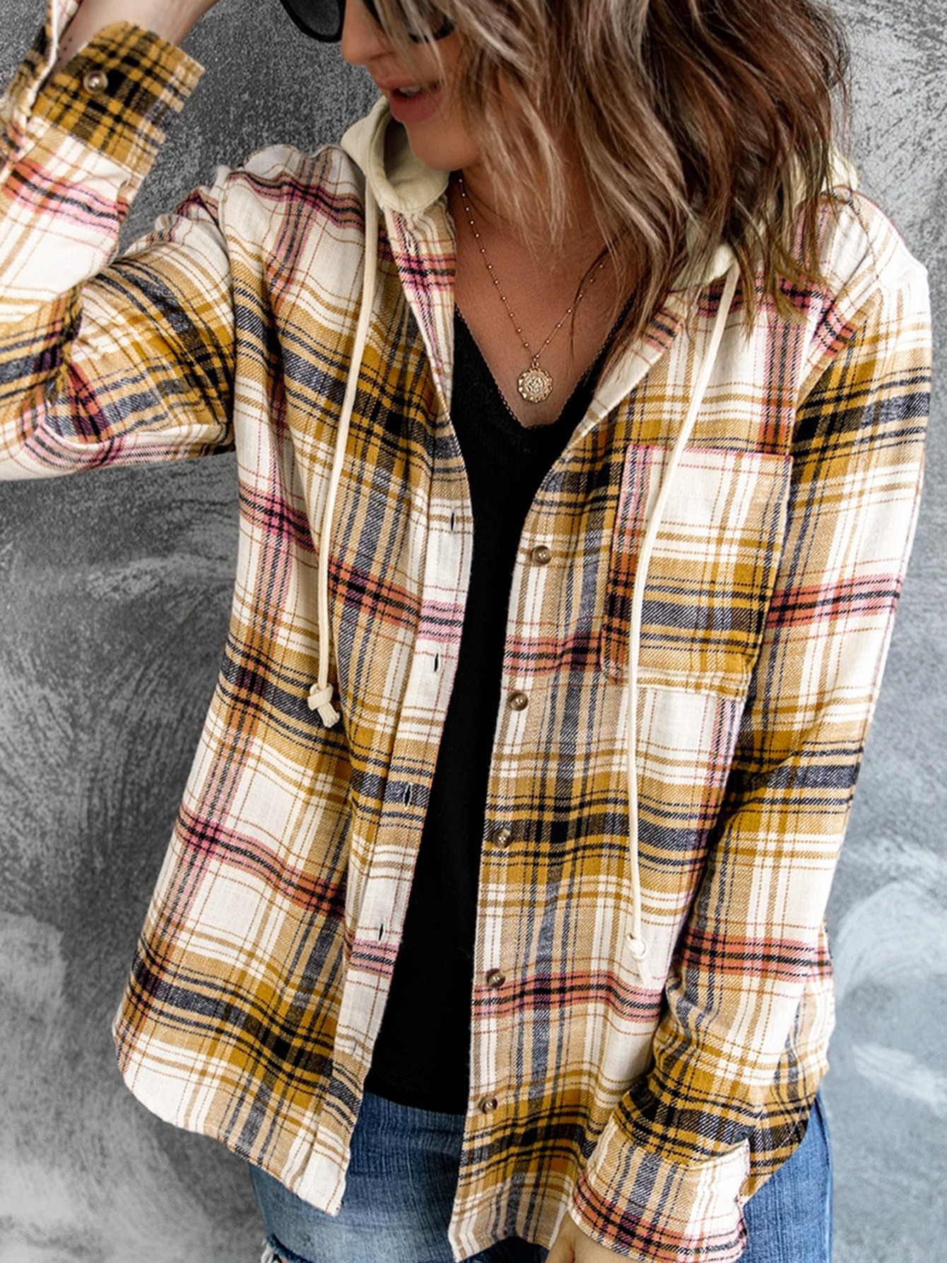 womens outwear plaid print pocket drawstring hooded jacket details 4