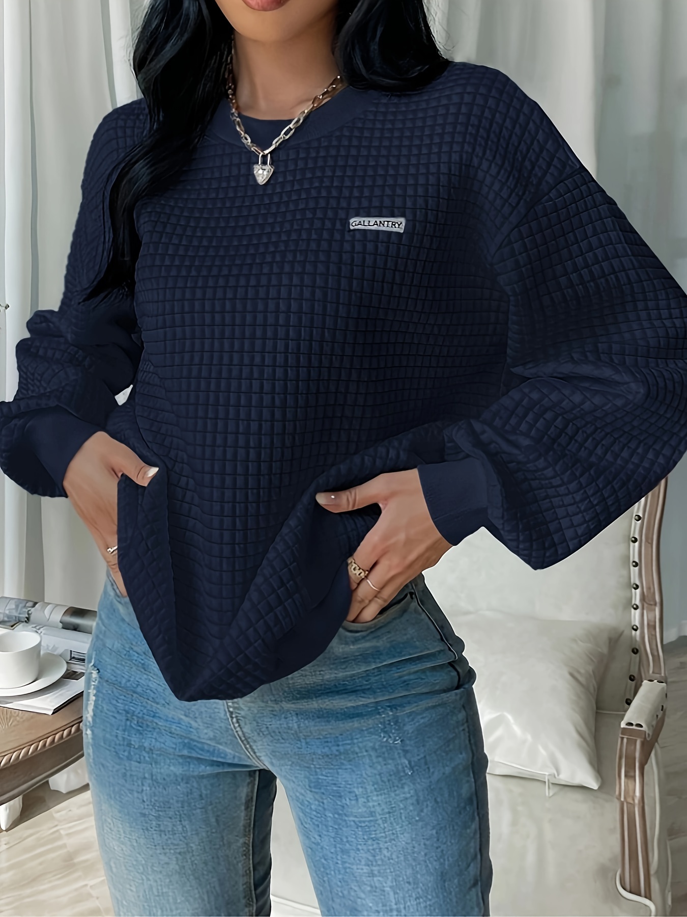 waffle loose sweatshirt casual long sleeve crew neck sweatshirt womens clothing details 0