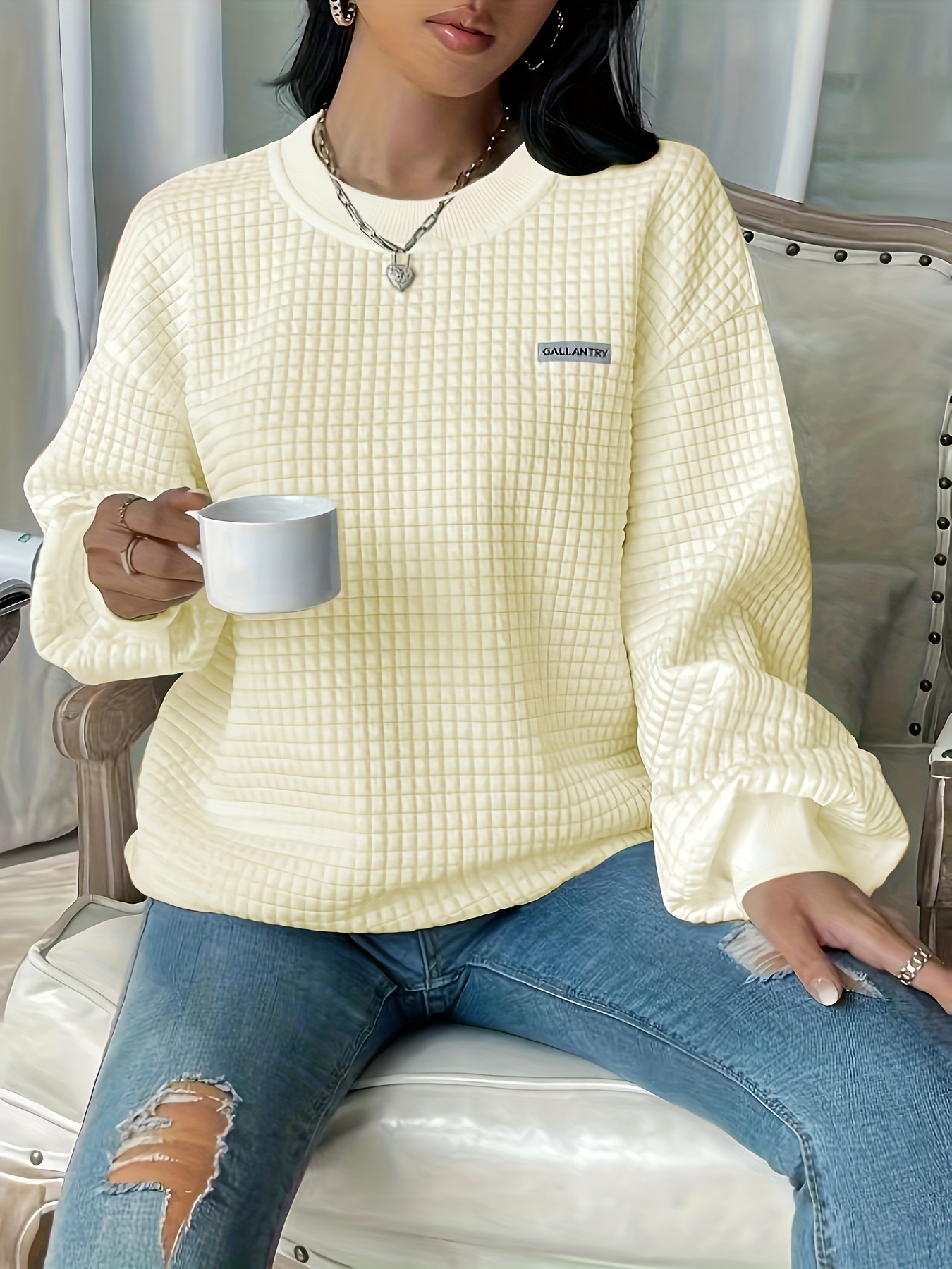 waffle loose sweatshirt casual long sleeve crew neck sweatshirt womens clothing details 13