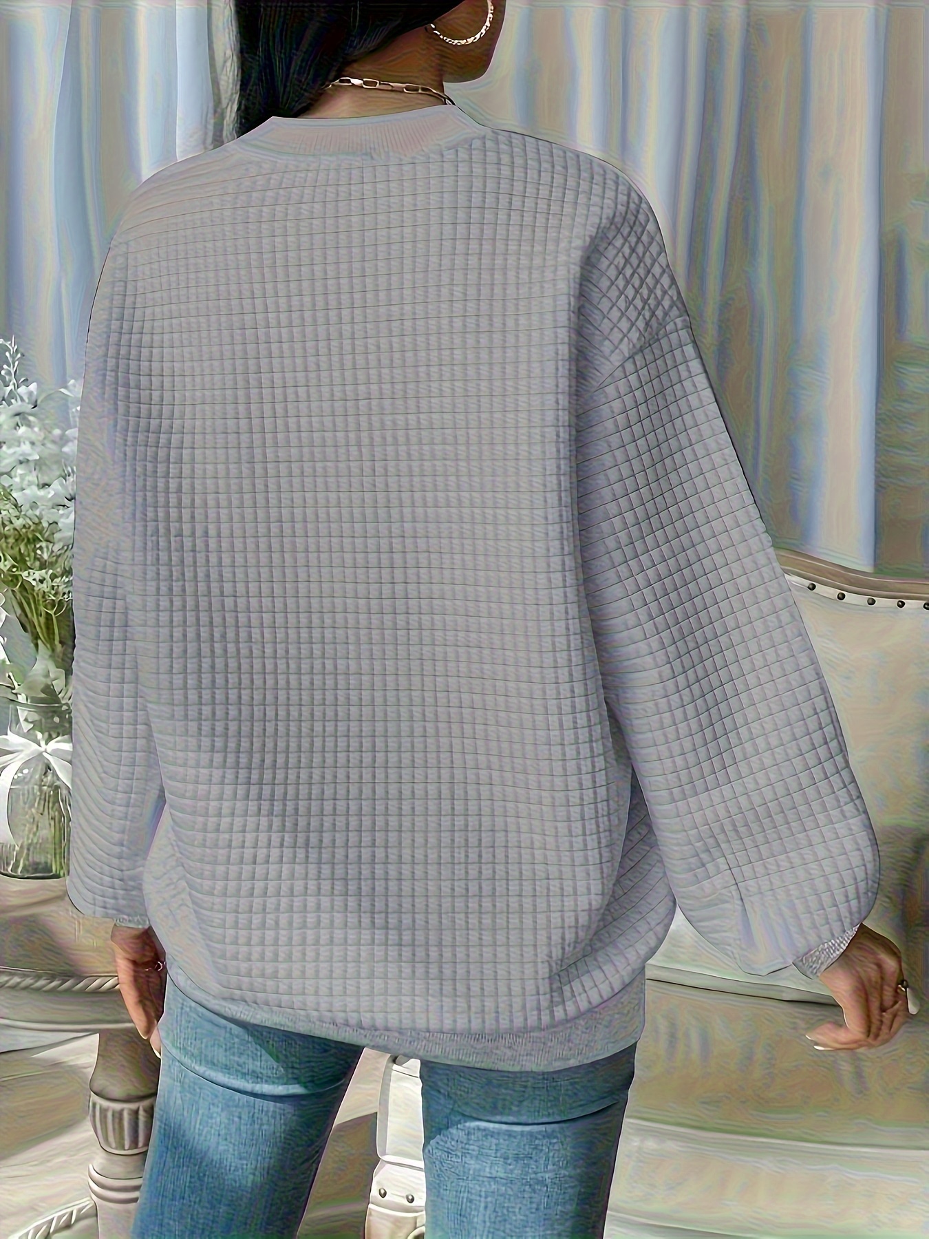 waffle loose sweatshirt casual long sleeve crew neck sweatshirt womens clothing details 6