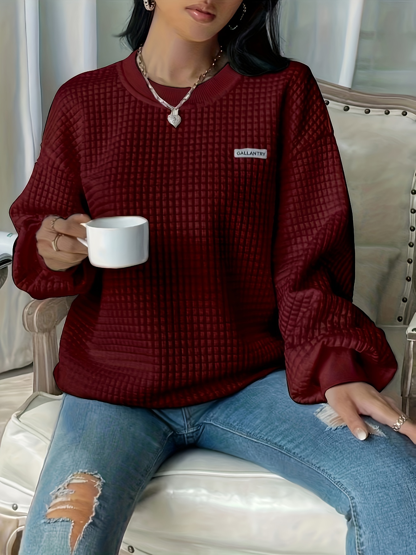 waffle loose sweatshirt casual long sleeve crew neck sweatshirt womens clothing details 19