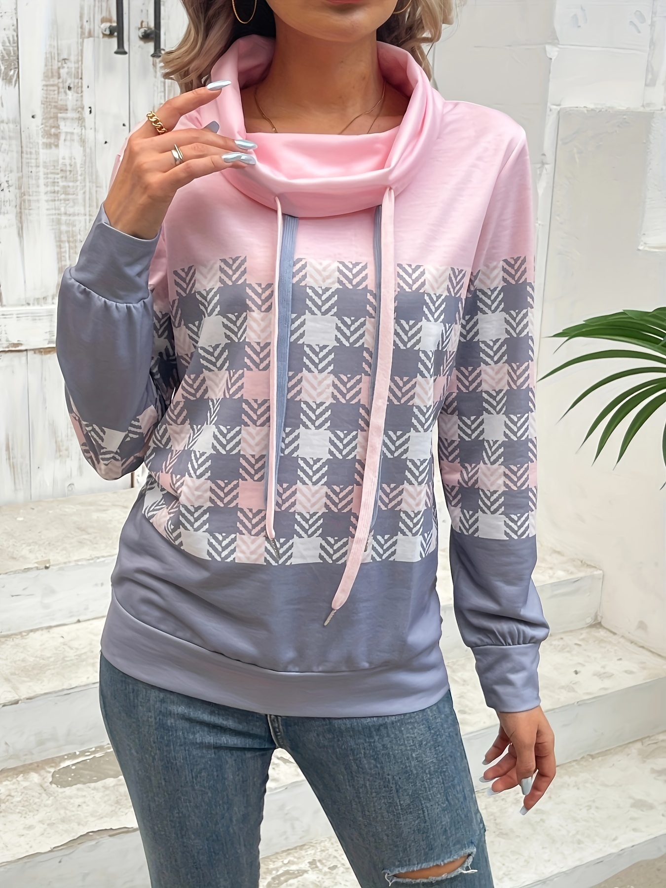 plaid print drawstring sweatshirt casual cowl neck long sleeve sweatshirt womens clothing details 4