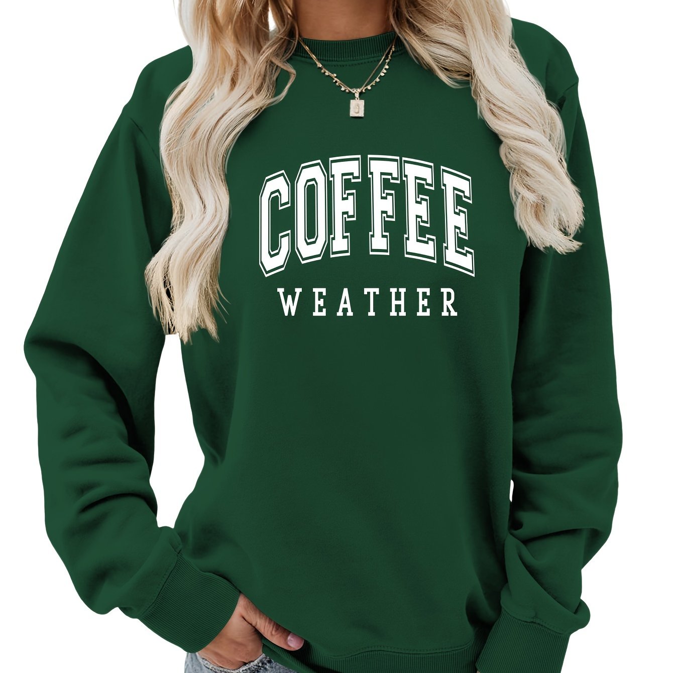 Women's Chic Coffee Letter Print Sweatshirt - Casual Crew Neck, Comfy Cotton Blend, All-Season Wear