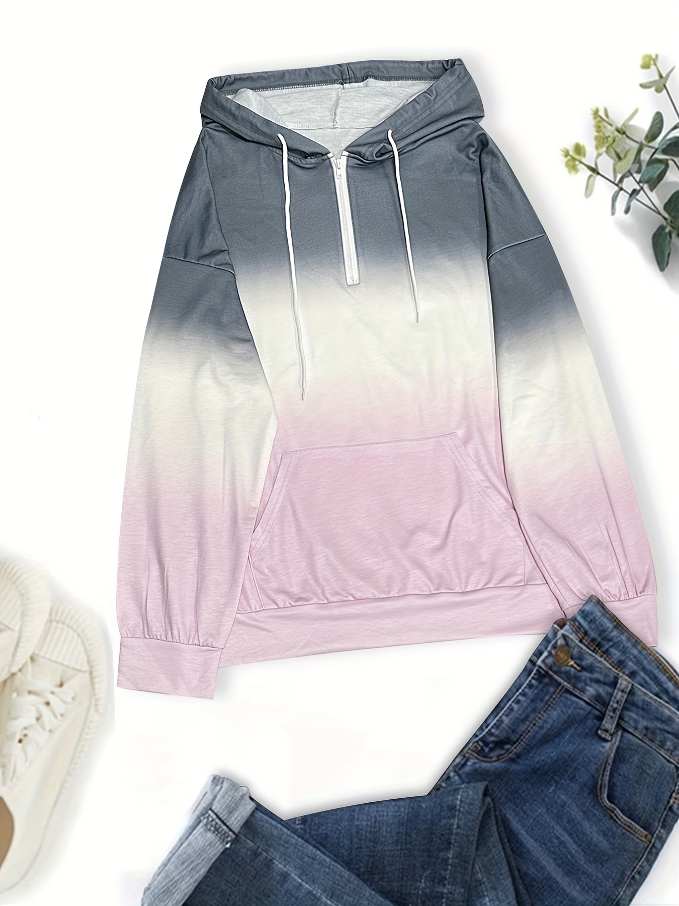 color block drawstring half zip hoodies street wear drop shoulder kangaroo pocket sweatshirt womens clothing details 19