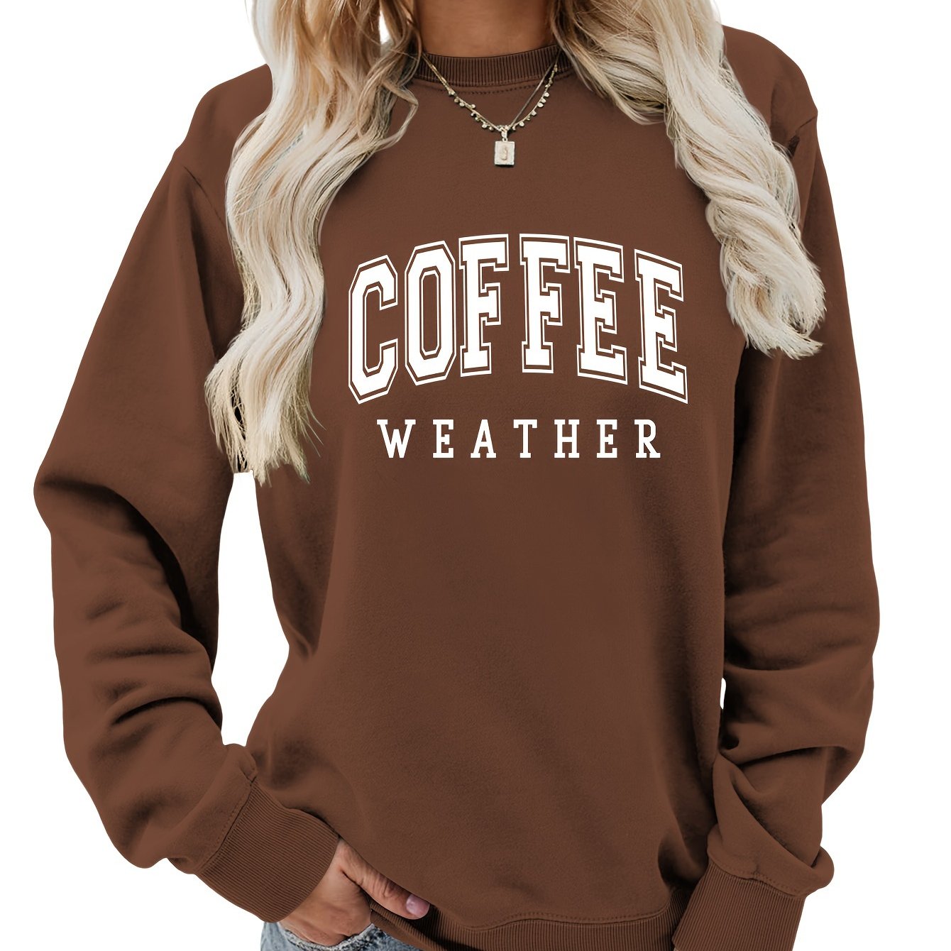 Women's Chic Coffee Letter Print Sweatshirt - Casual Crew Neck, Comfy Cotton Blend, All-Season Wear