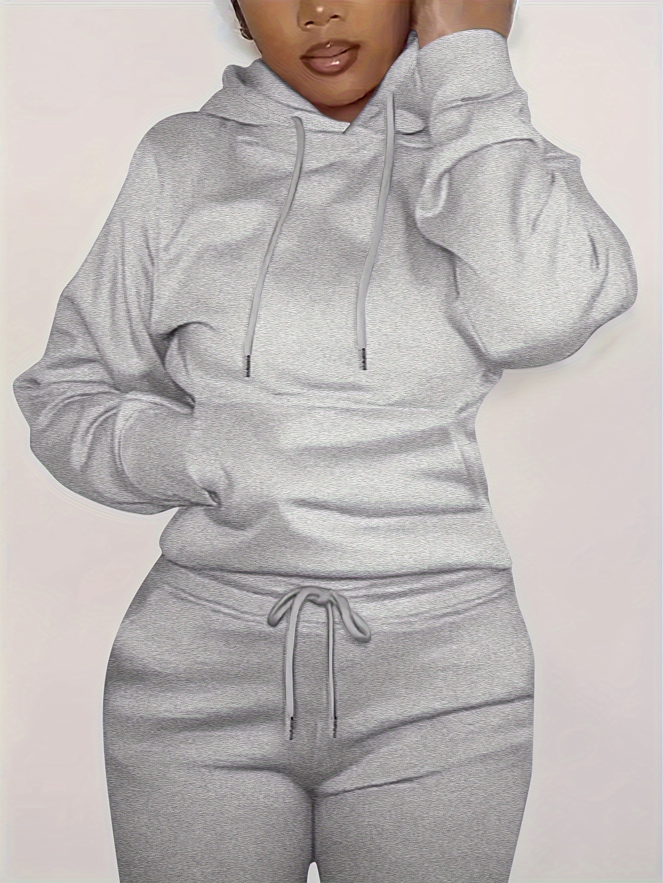 solid kangaroo pocket hoodie without pants casual long sleeve drawstring hoodies sweatshirt womens clothing details 24