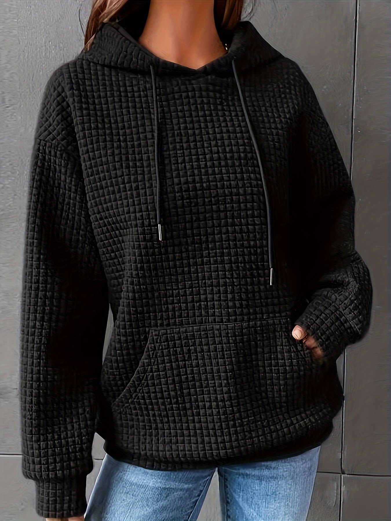 solid textured drawstring hoodie casual long sleeve kangaroo pocket sweatshirt womens clothing details 2