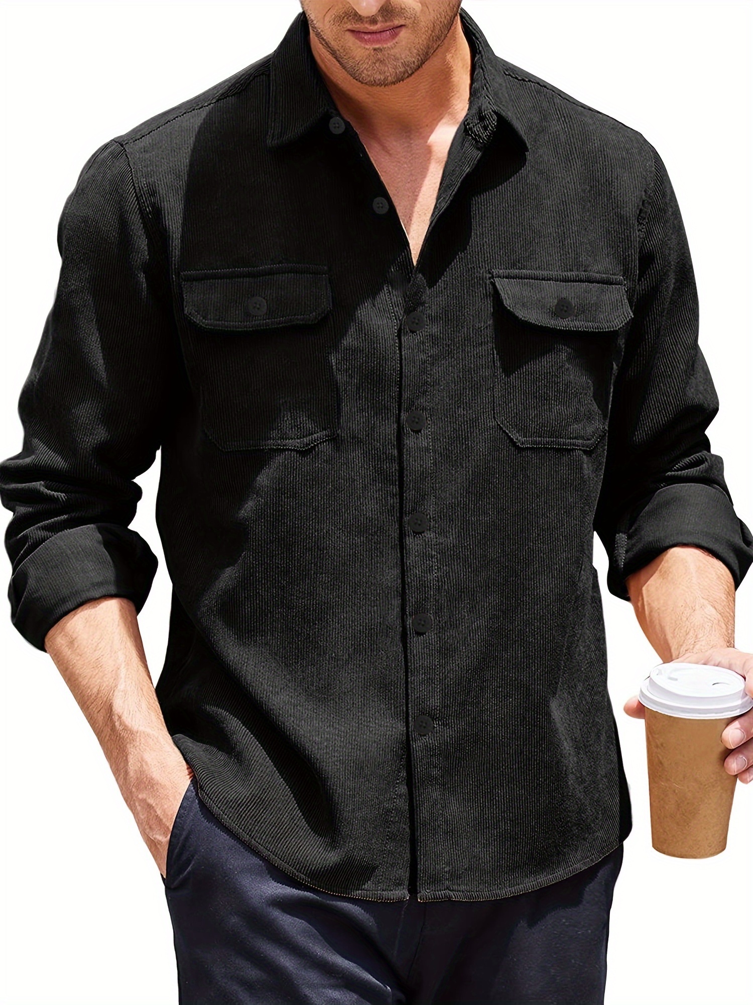 thin material mens casual long sleeve corduroy button long sleeeves shirt jacket with pocket jacket gifts details 12