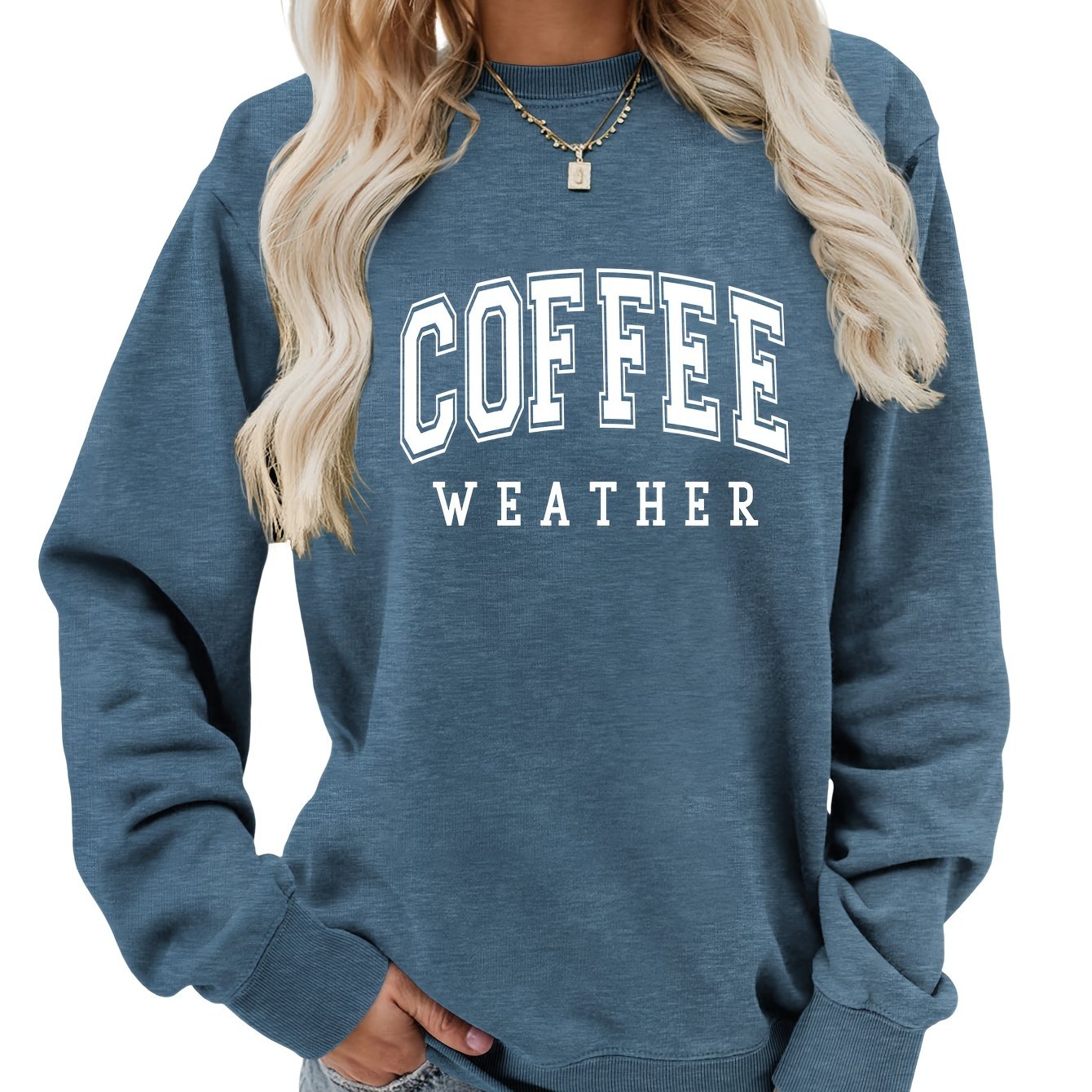 Women's Chic Coffee Letter Print Sweatshirt - Casual Crew Neck, Comfy Cotton Blend, All-Season Wear
