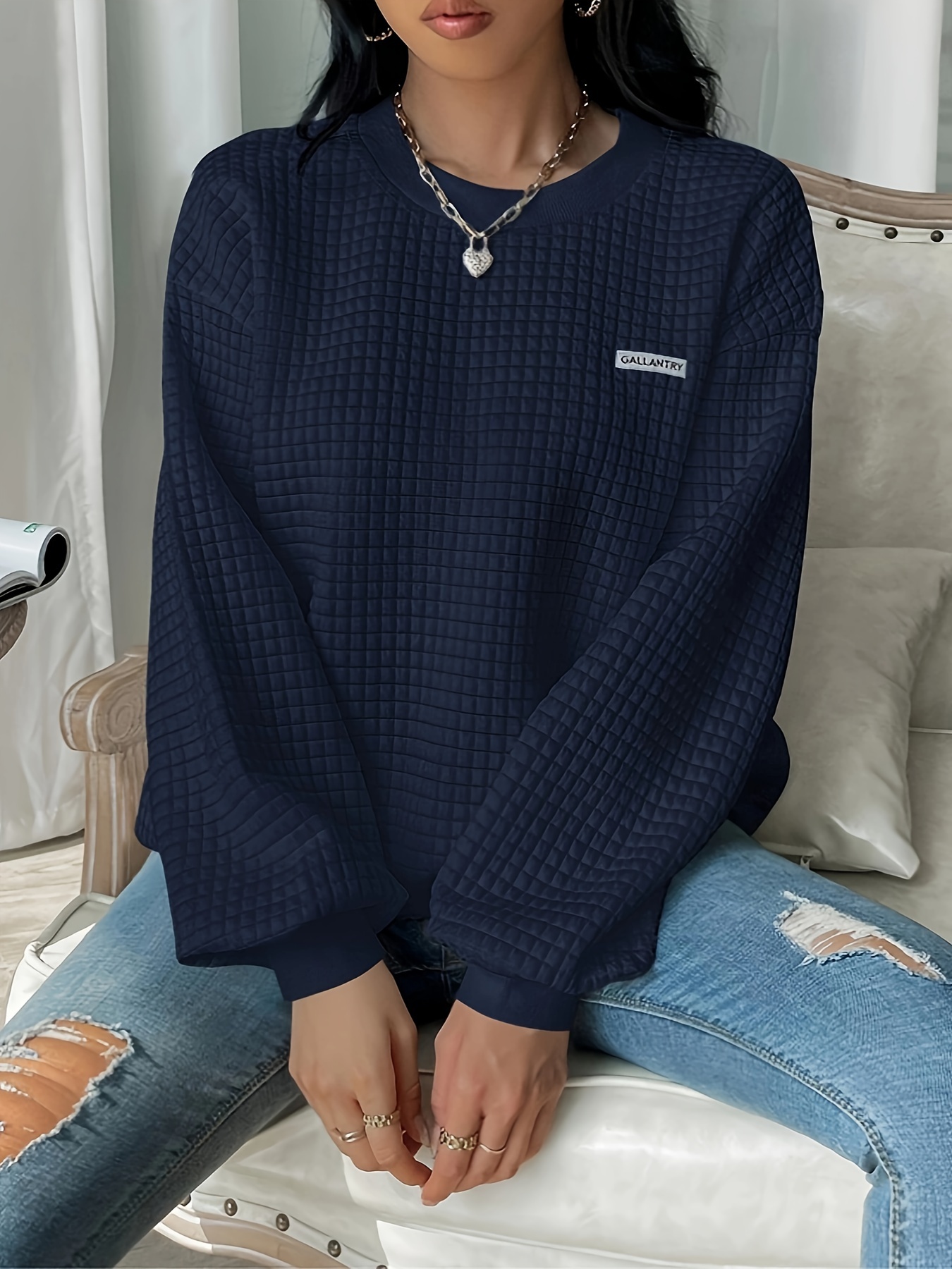 waffle loose sweatshirt casual long sleeve crew neck sweatshirt womens clothing details 4