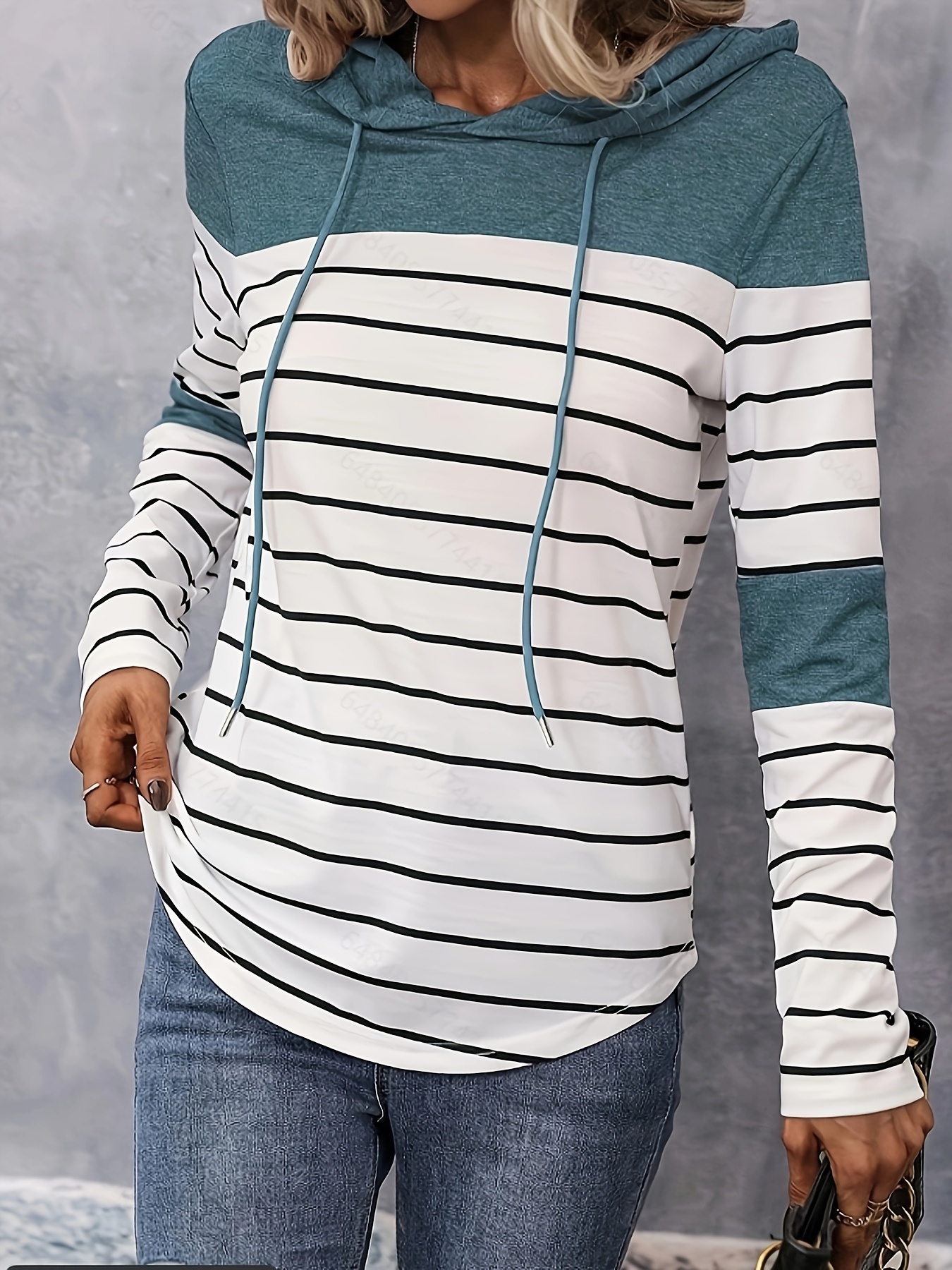 striped print curved hem hoodie casual long sleeve drawstring hoodie sweatshirt womens clothing details 1