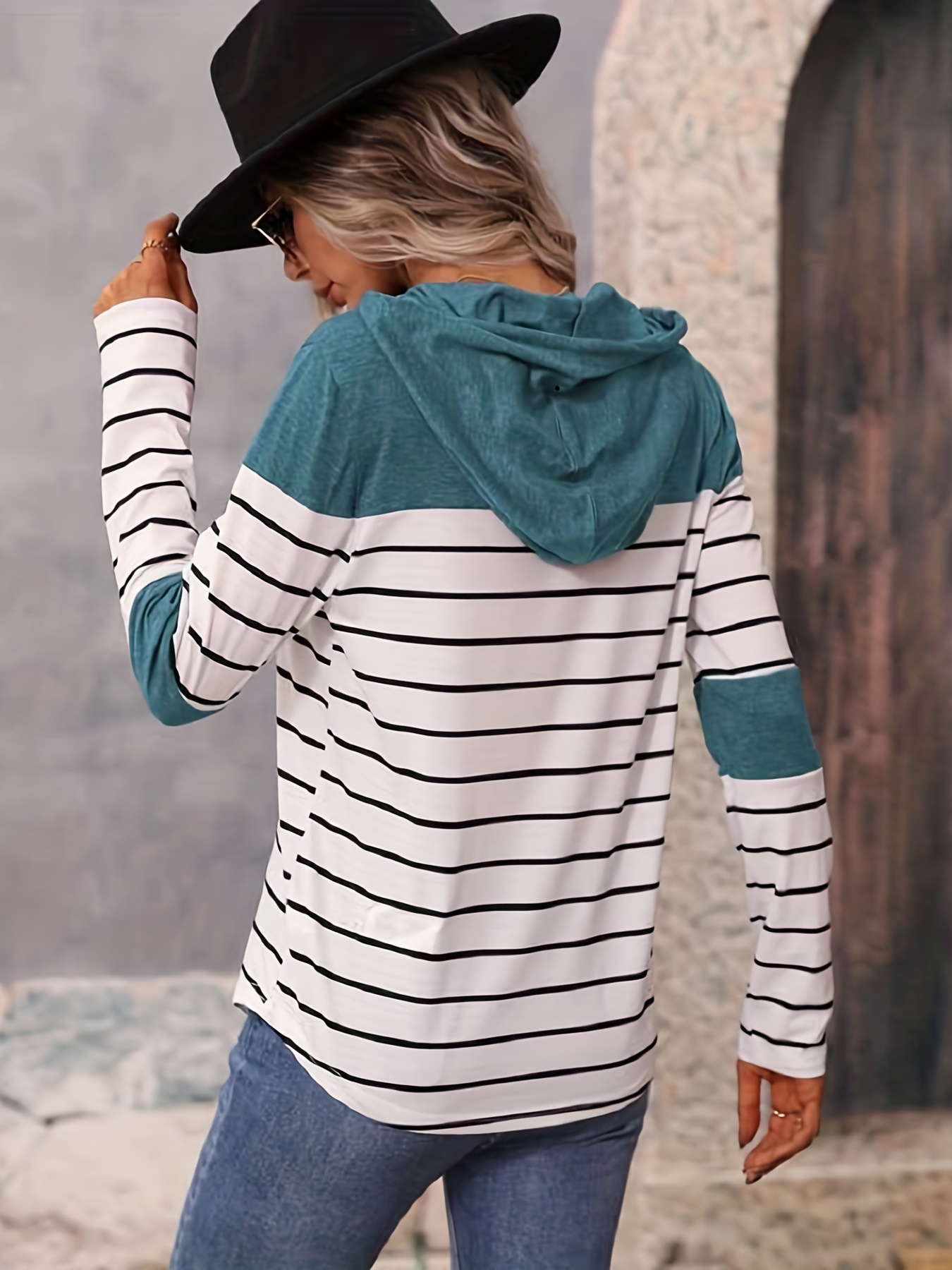 striped print curved hem hoodie casual long sleeve drawstring hoodie sweatshirt womens clothing details 0