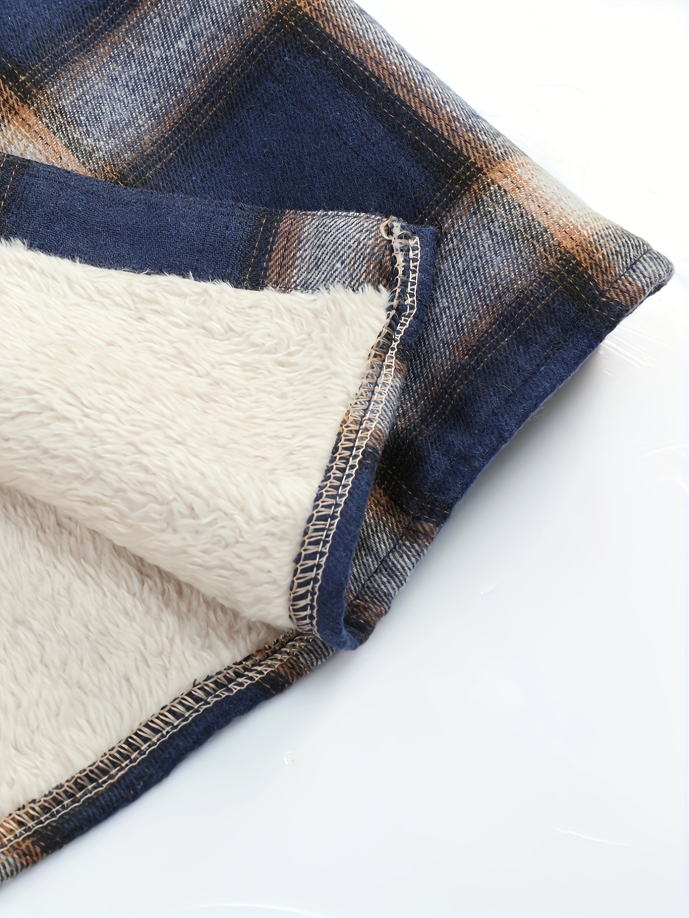 mens warm fleece plaid shirt coat casual retro lapel button up chest pocket jacket for fall winter details 3