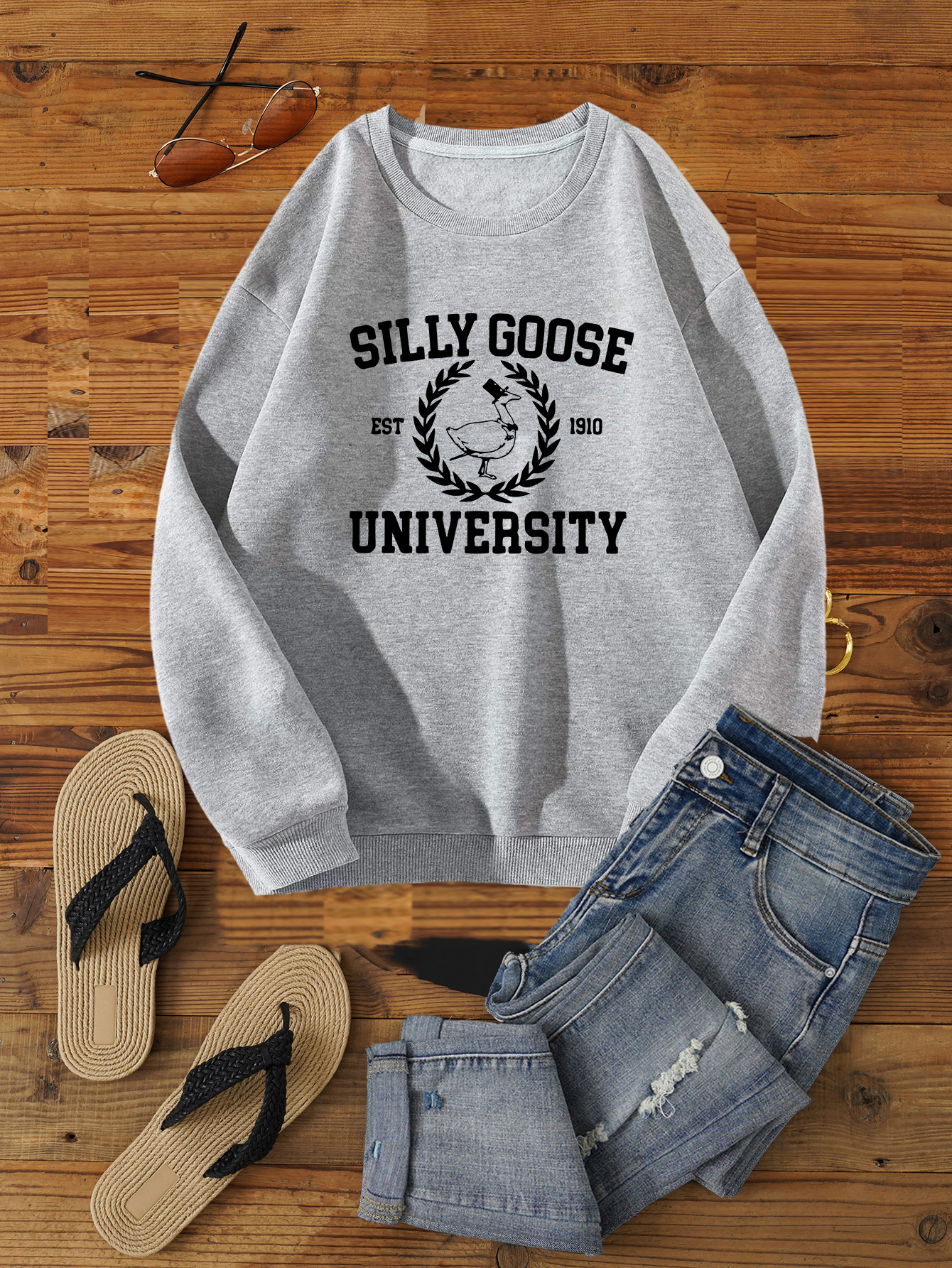 cocl goose letter print sweatshirt vintage long sleeve crew neck sweatshirt womens clothing details 0