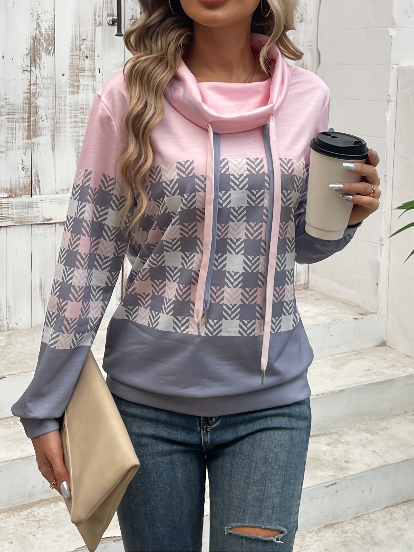 plaid print drawstring sweatshirt casual cowl neck long sleeve sweatshirt womens clothing details 2