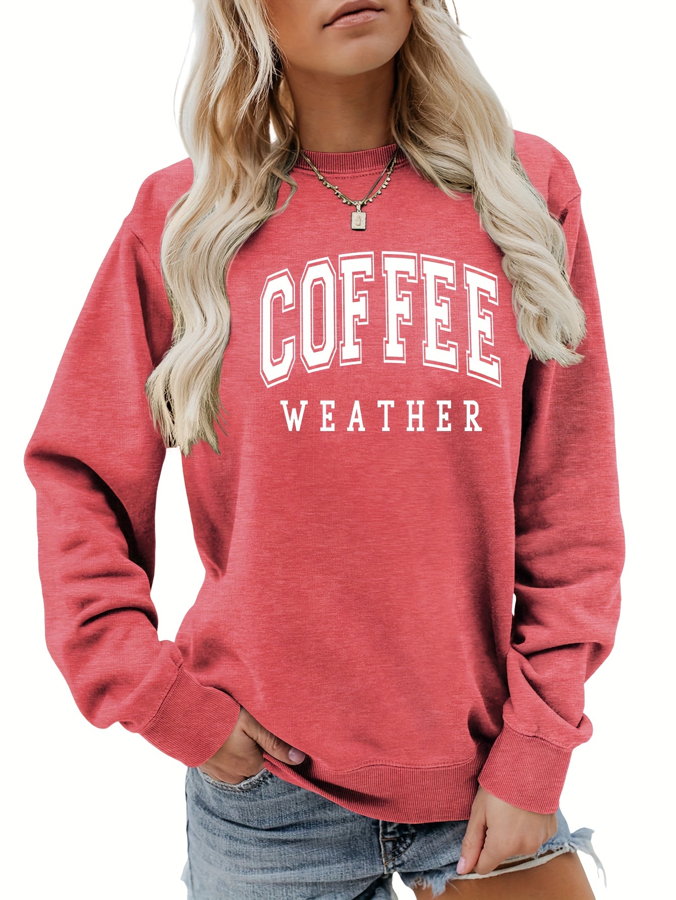 Women's Chic Coffee Letter Print Sweatshirt - Casual Crew Neck, Comfy Cotton Blend, All-Season Wear