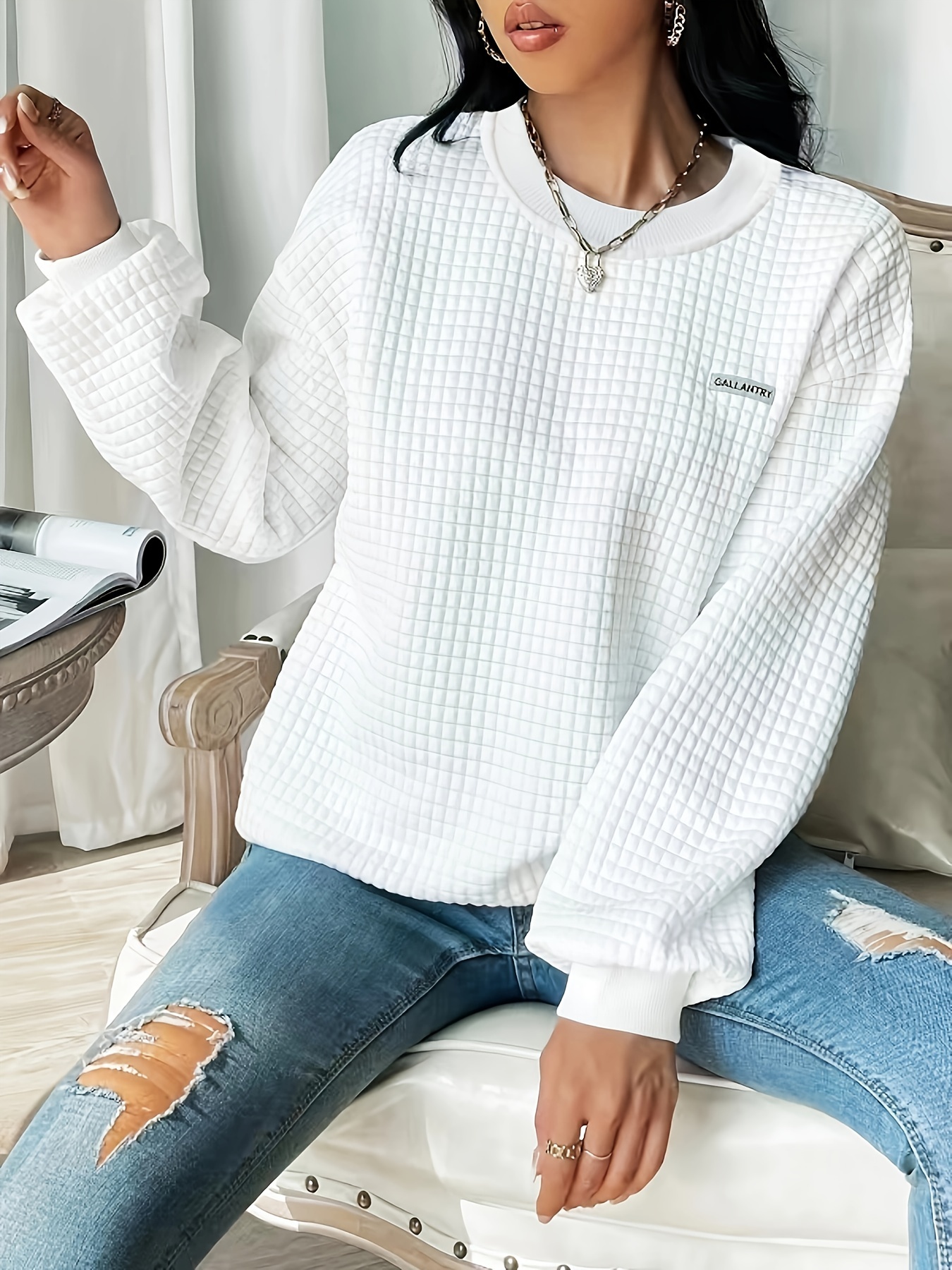 waffle loose sweatshirt casual long sleeve crew neck sweatshirt womens clothing details 25
