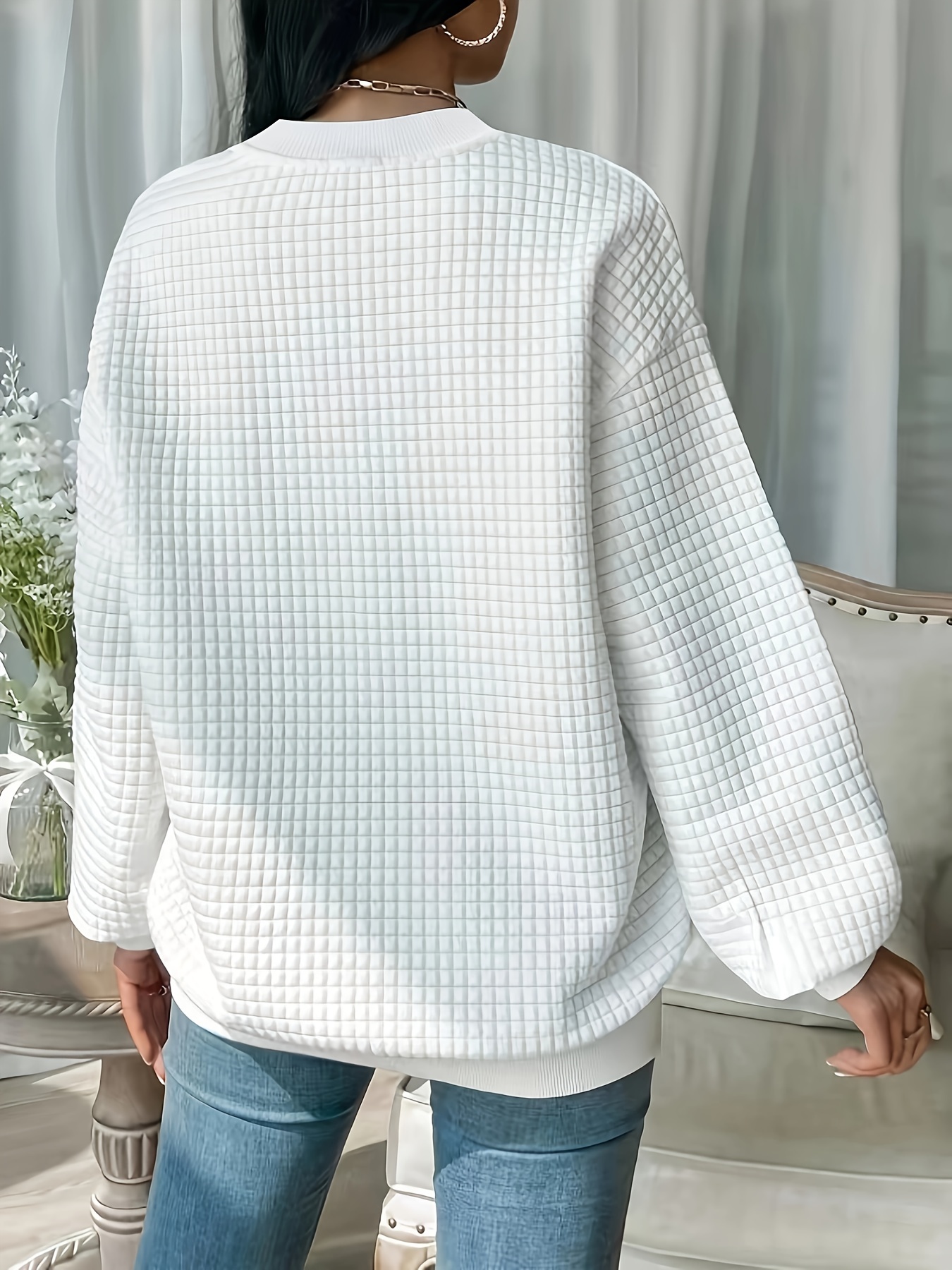 waffle loose sweatshirt casual long sleeve crew neck sweatshirt womens clothing details 26
