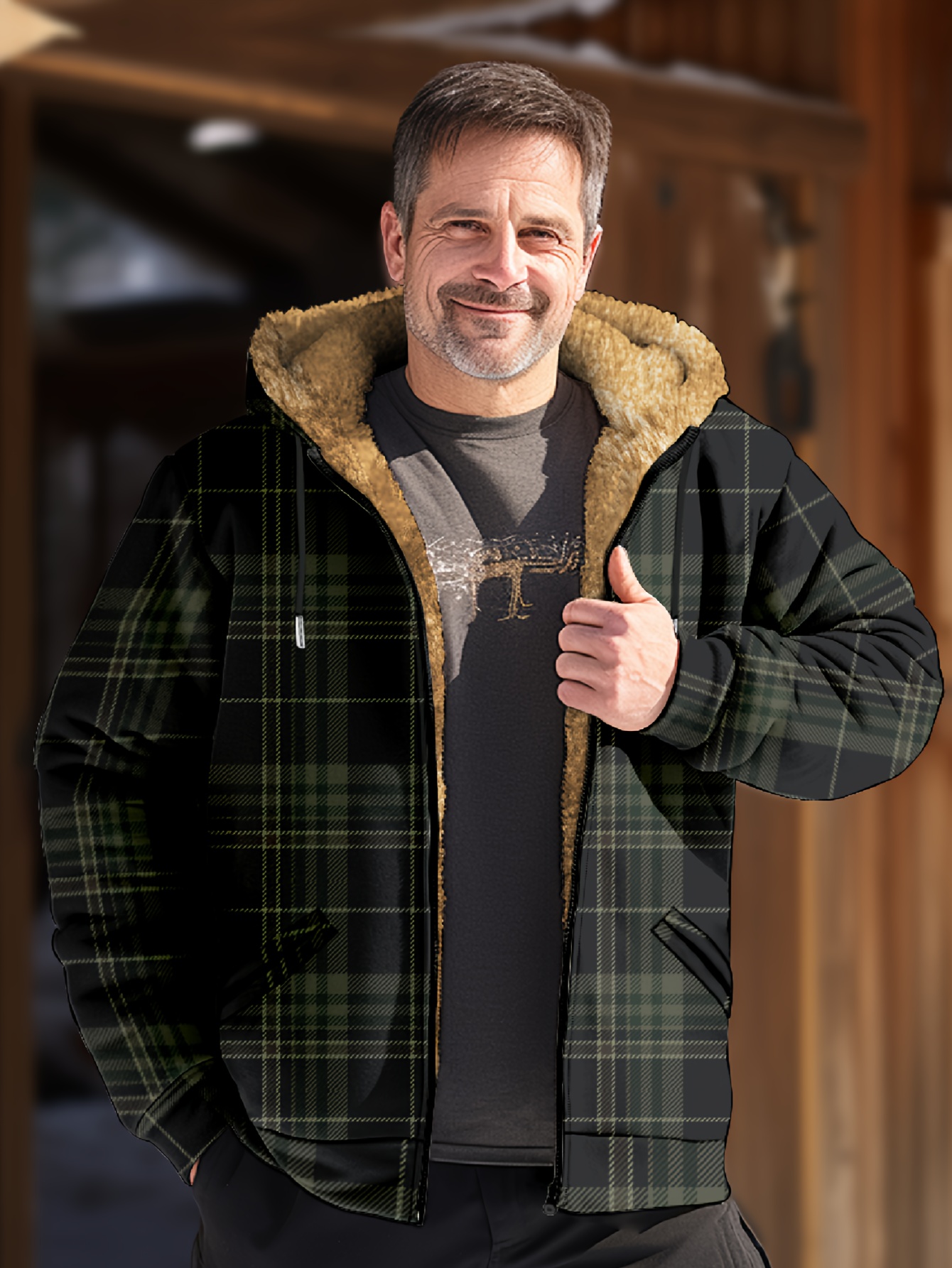 mens retro plaid warm fleece zip up hoodie for fall winter details 9