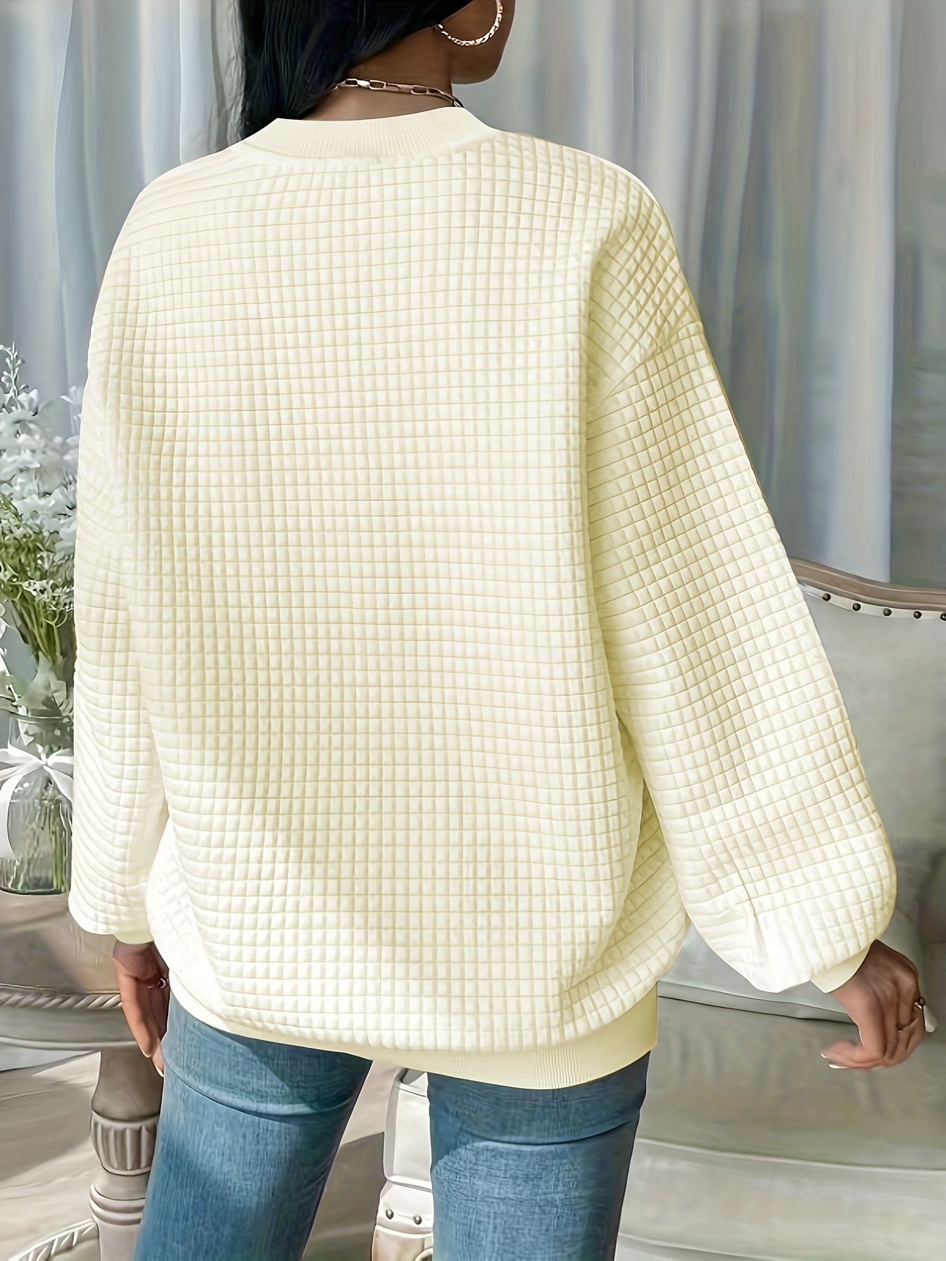 waffle loose sweatshirt casual long sleeve crew neck sweatshirt womens clothing details 11