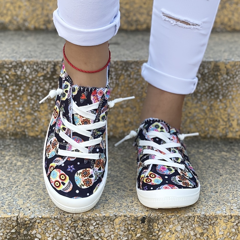 skull pattern canvas shoes women s low top lace round toe details 3