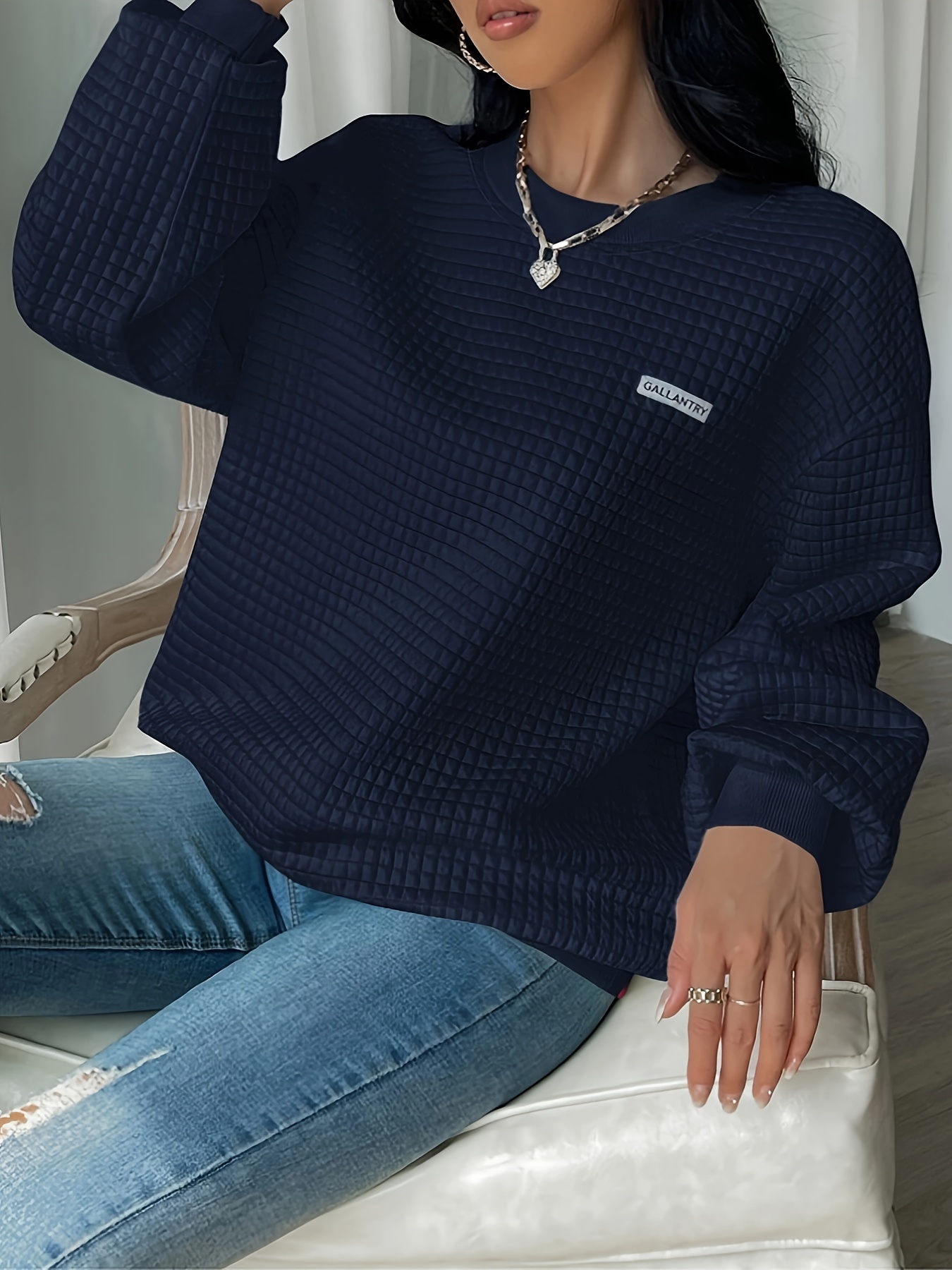 waffle loose sweatshirt casual long sleeve crew neck sweatshirt womens clothing details 2
