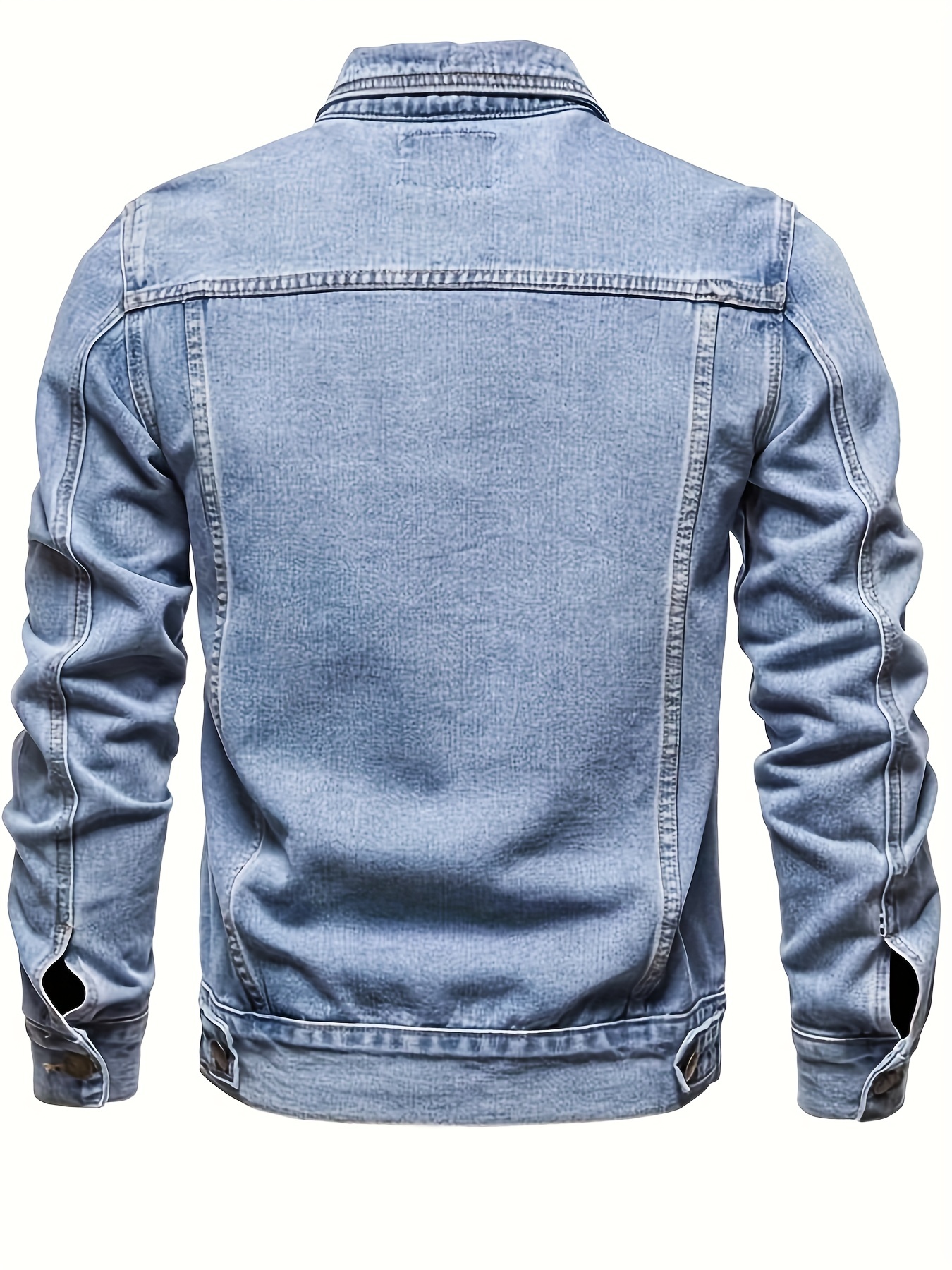 mens chic washed denim jacket casual street style button up contrast stitching jacket for fall winter details 6