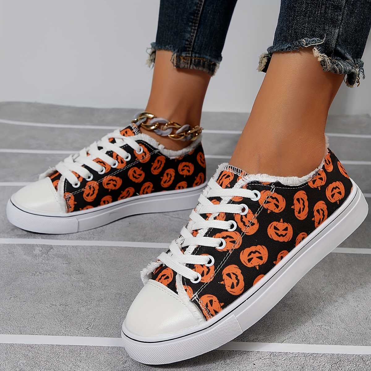womens pumpkin pattern flat shoes lace up low top round toe non slip casual canvas shoes outdoor halloween shoes details 6