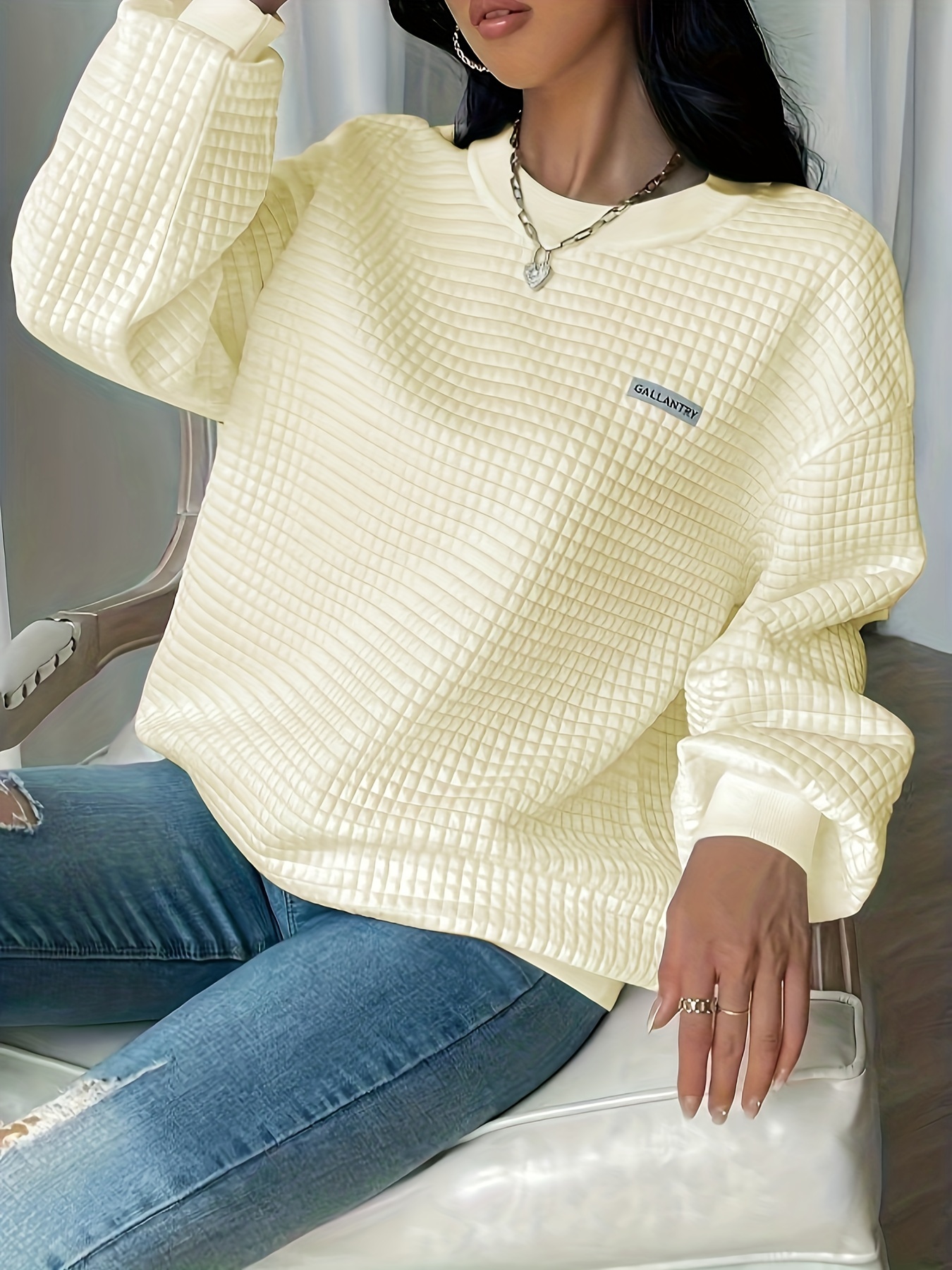 waffle loose sweatshirt casual long sleeve crew neck sweatshirt womens clothing details 12