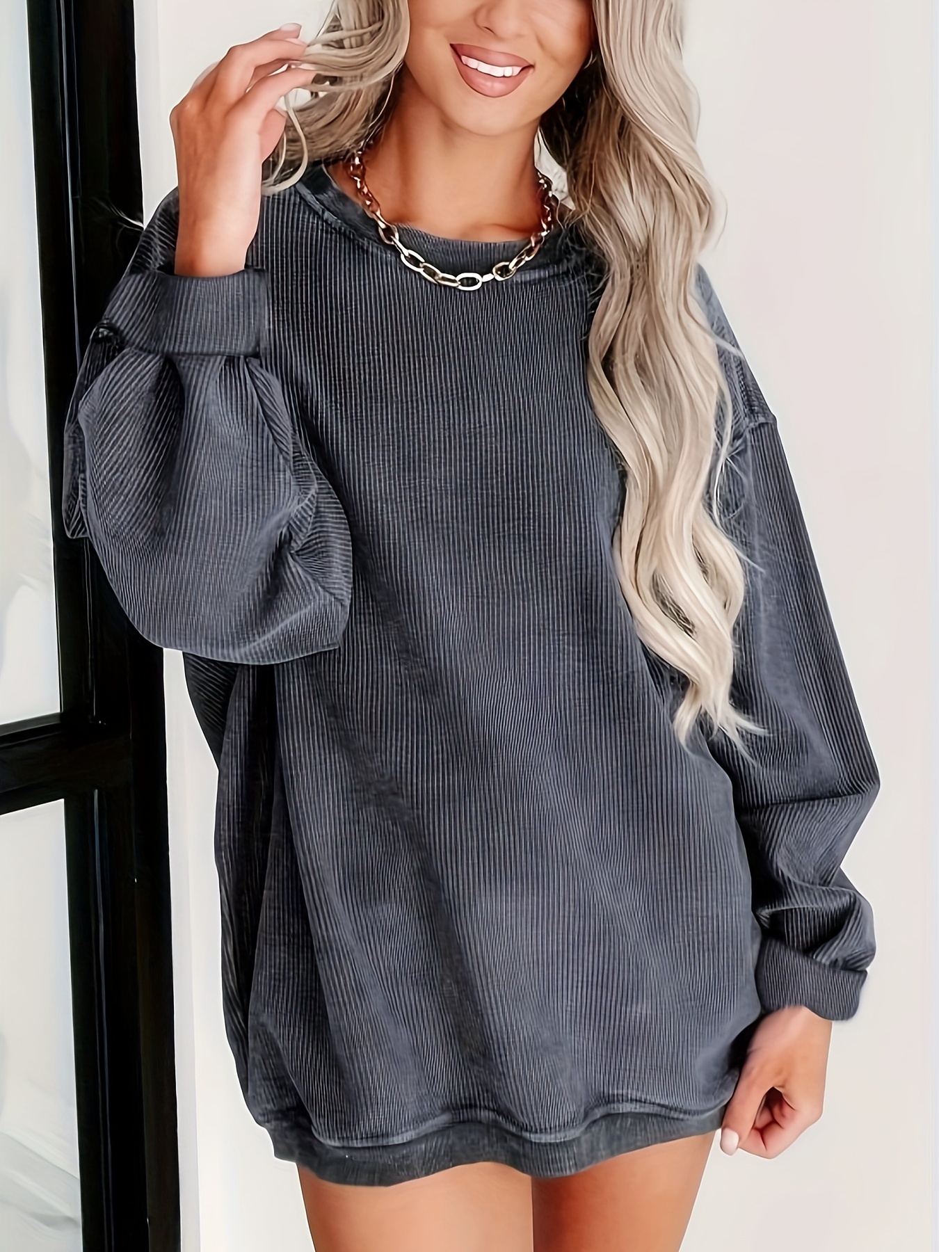 solid ribbed pullover sweatshirt casual long sleeve crew neck sweatshirt for fall winter womens clothing details 6