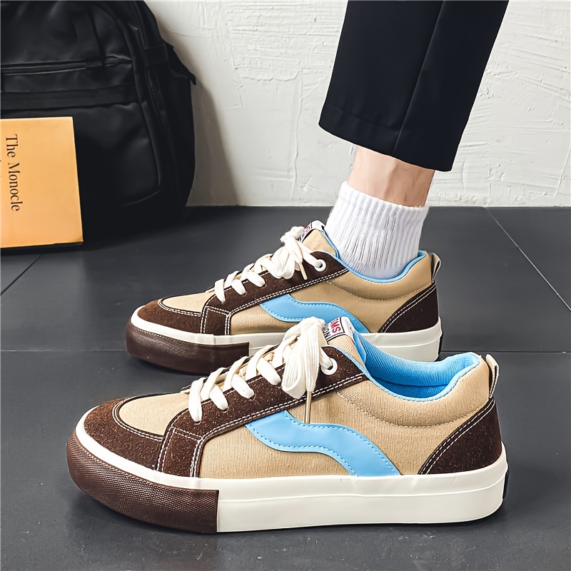 Men's Block Color Trendy Skate Shoes With PU Leather Uppers, Wear-resistant Non Slip Lace-up Casual Sneakers For Outdoor, Men's Street Style Footwear