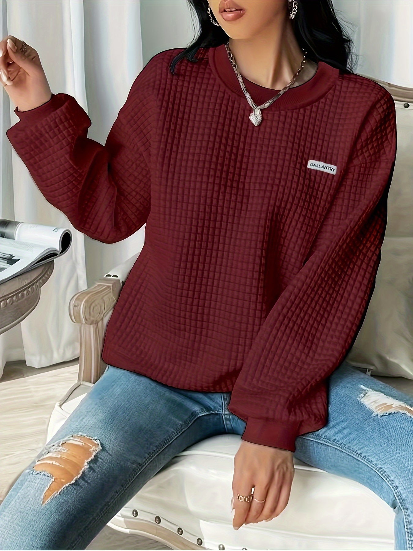 waffle loose sweatshirt casual long sleeve crew neck sweatshirt womens clothing details 15