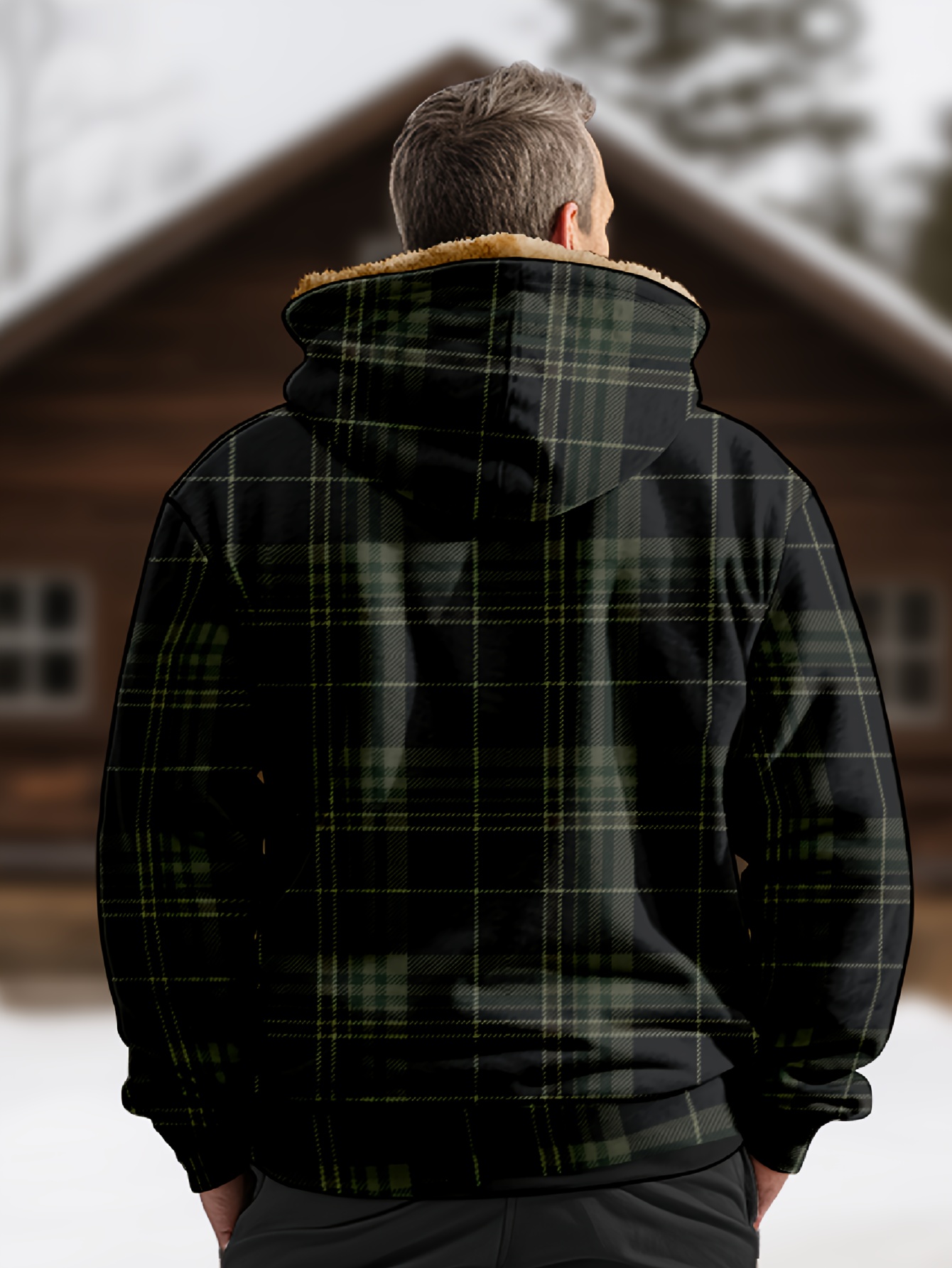 mens retro plaid warm fleece zip up hoodie for fall winter details 8