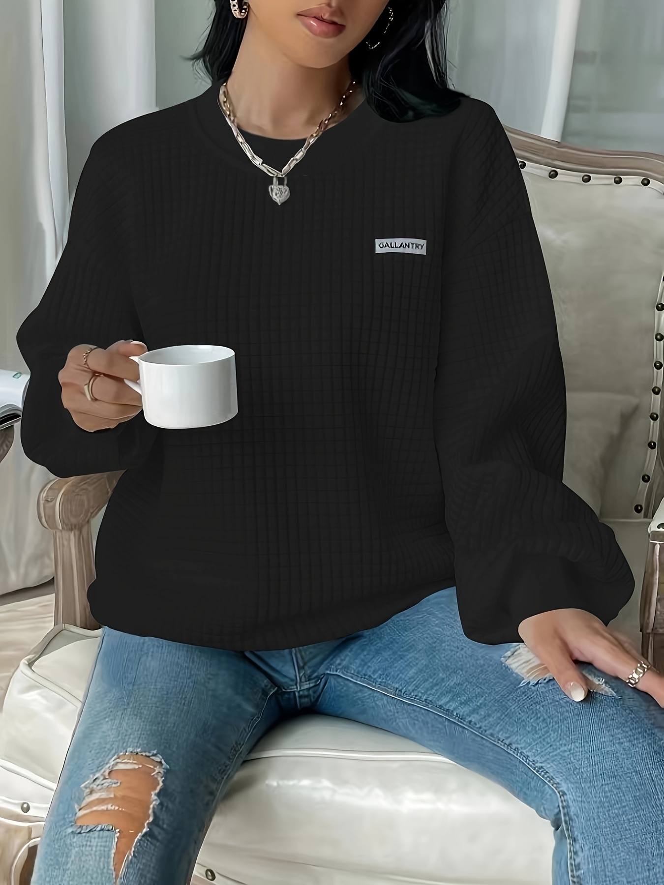 waffle loose sweatshirt casual long sleeve crew neck sweatshirt womens clothing details 32