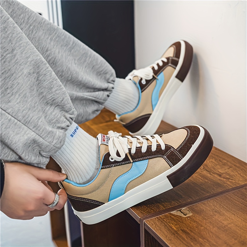 Men's Block Color Trendy Skate Shoes With PU Leather Uppers, Wear-resistant Non Slip Lace-up Casual Sneakers For Outdoor, Men's Street Style Footwear
