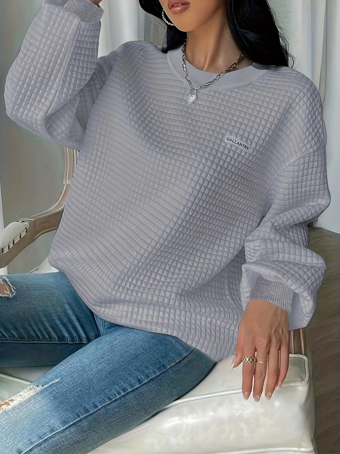 waffle loose sweatshirt casual long sleeve crew neck sweatshirt womens clothing details 7