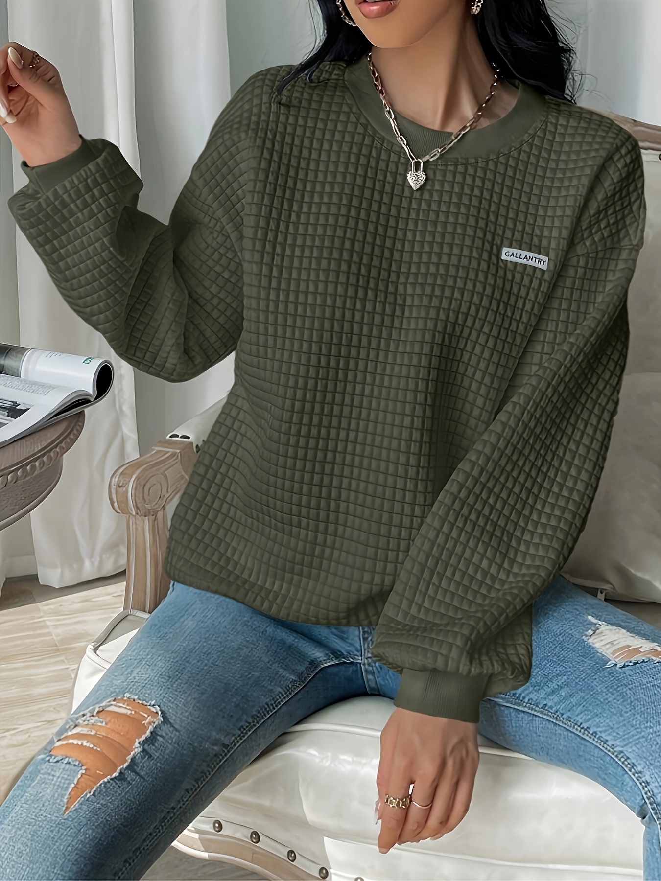 waffle loose sweatshirt casual long sleeve crew neck sweatshirt womens clothing details 35