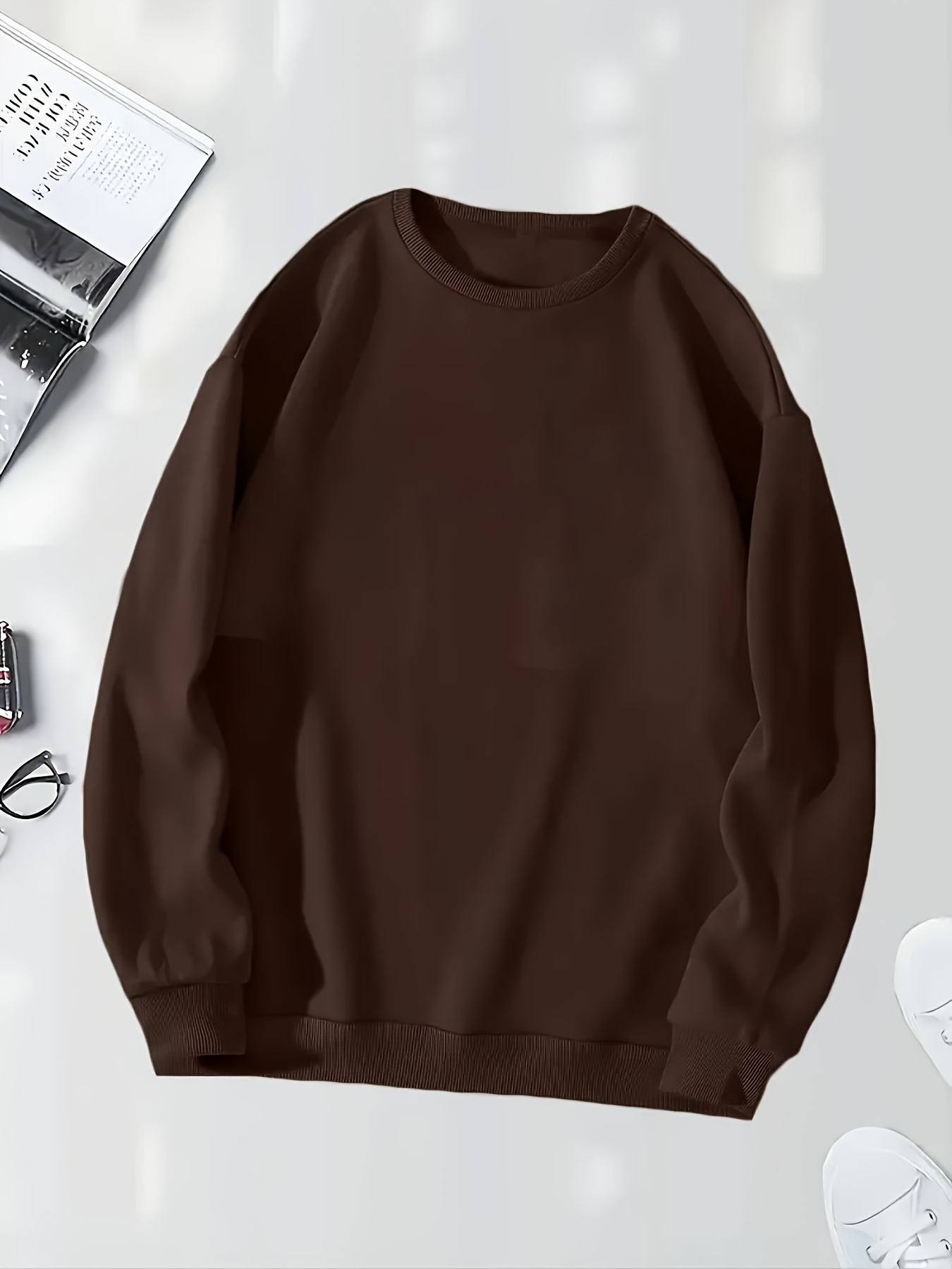 versatile solid pullover sweatshirt casual long sleeve crew neck sweatshirt for fall winter womens clothing details 0