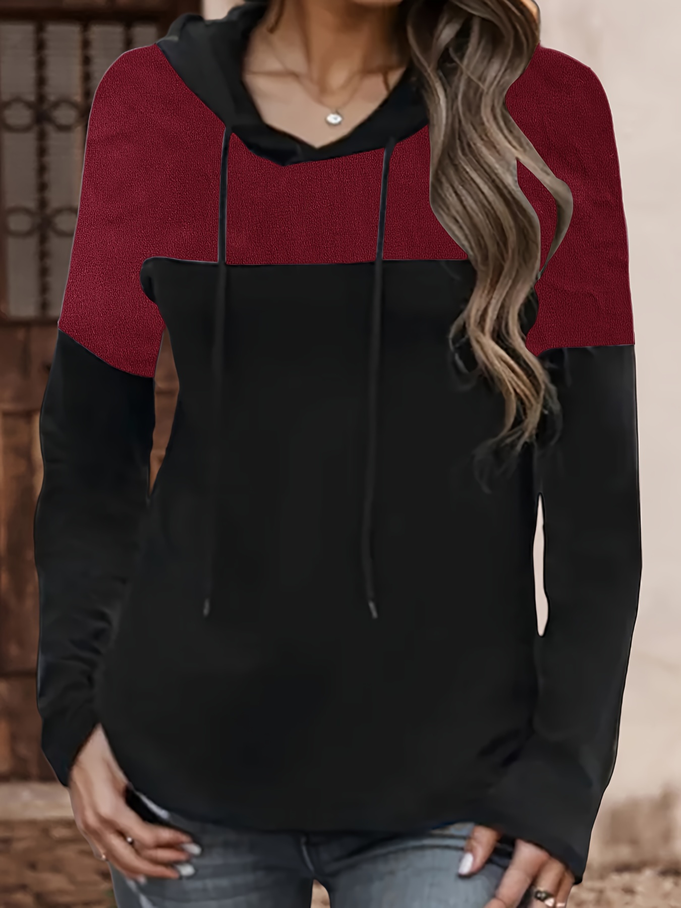 color block drawstring hoodie casual long sleeve hoodies sweatshirt womens clothing details 7